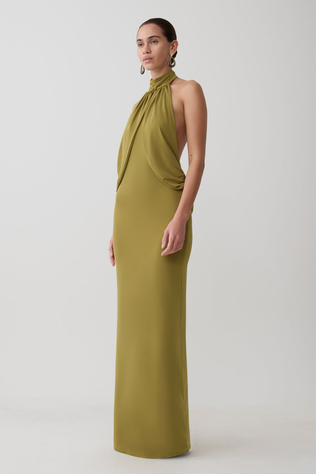 Halter Neck Slinky Maxi Dress - Martini Olive