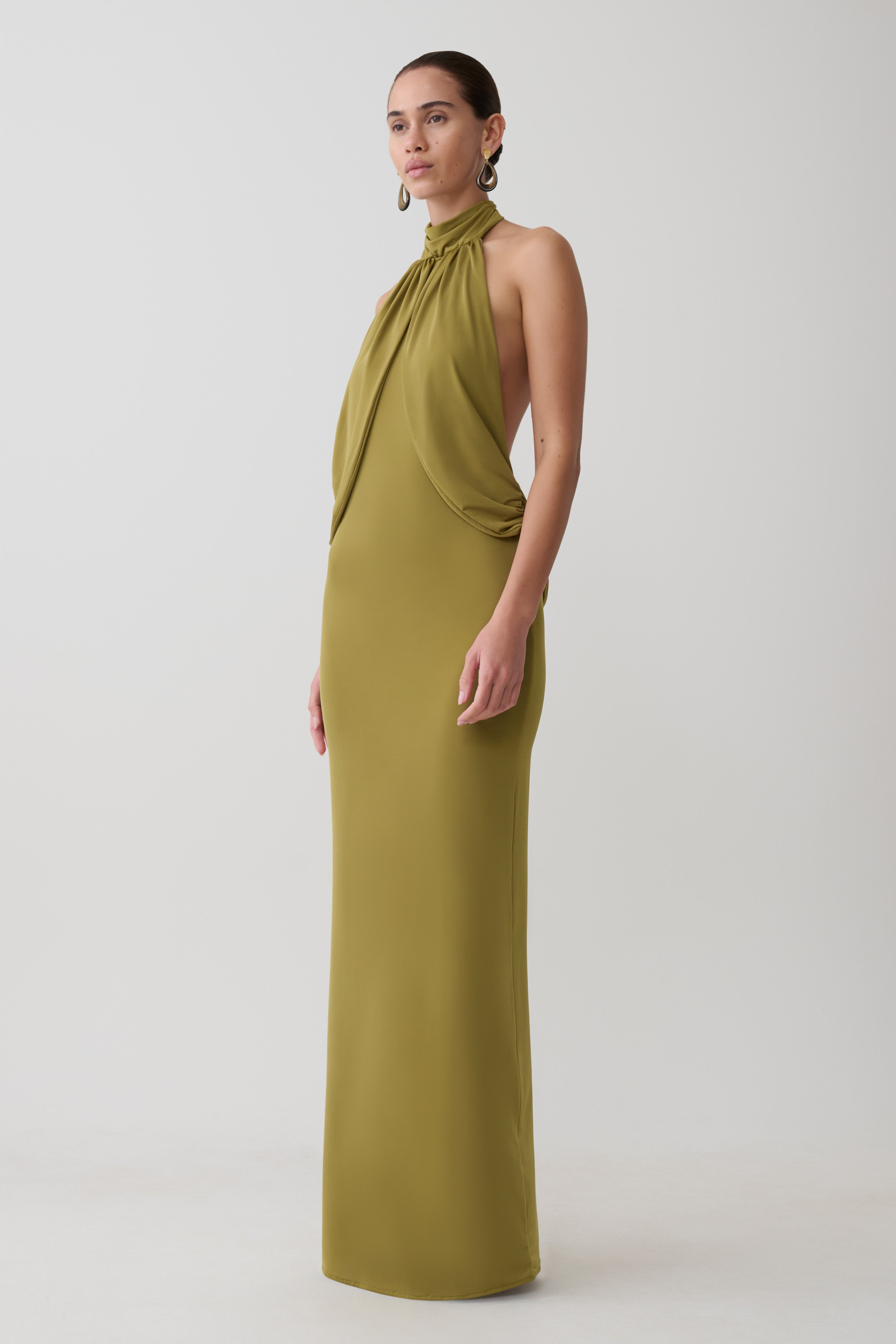Halter Neck Slinky Maxi Dress - Martini Olive