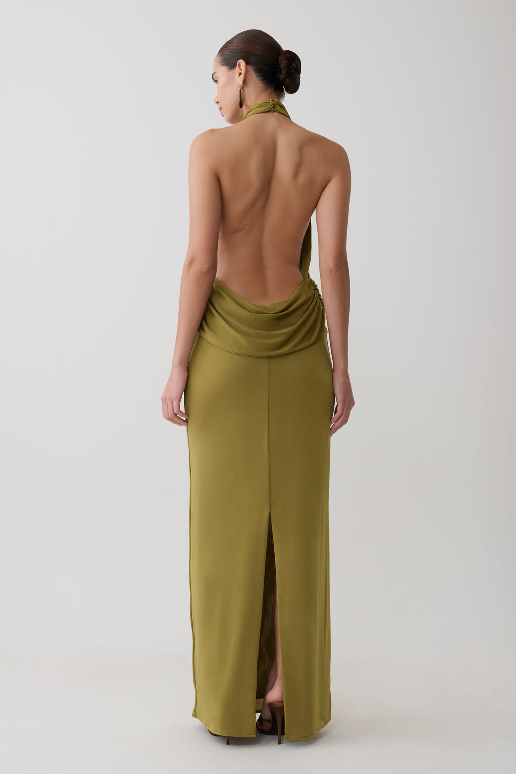 Halter Neck Slinky Maxi Dress - Martini Olive