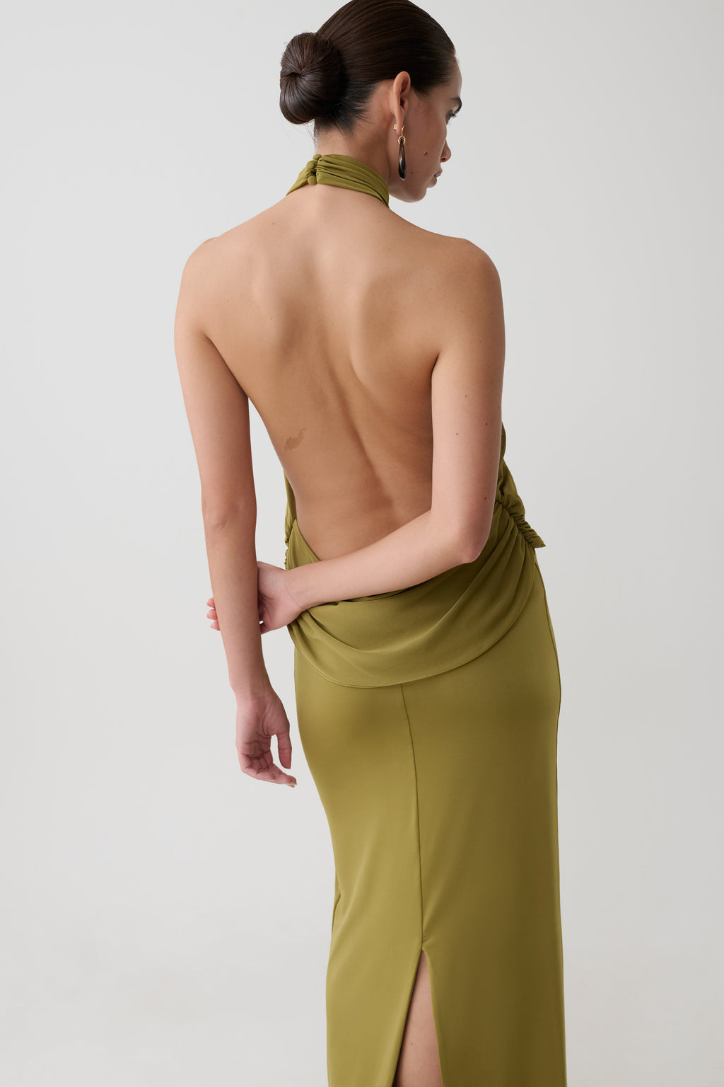 Halter Neck Slinky Maxi Dress - Martini Olive