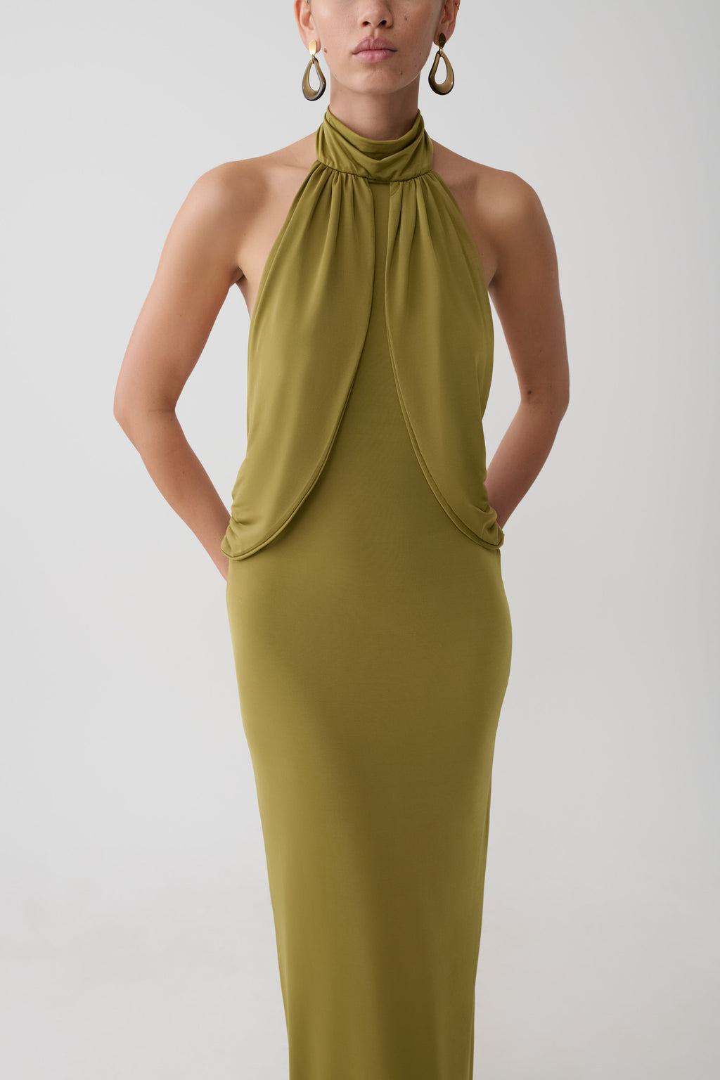 Halter Neck Slinky Maxi Dress - Martini Olive