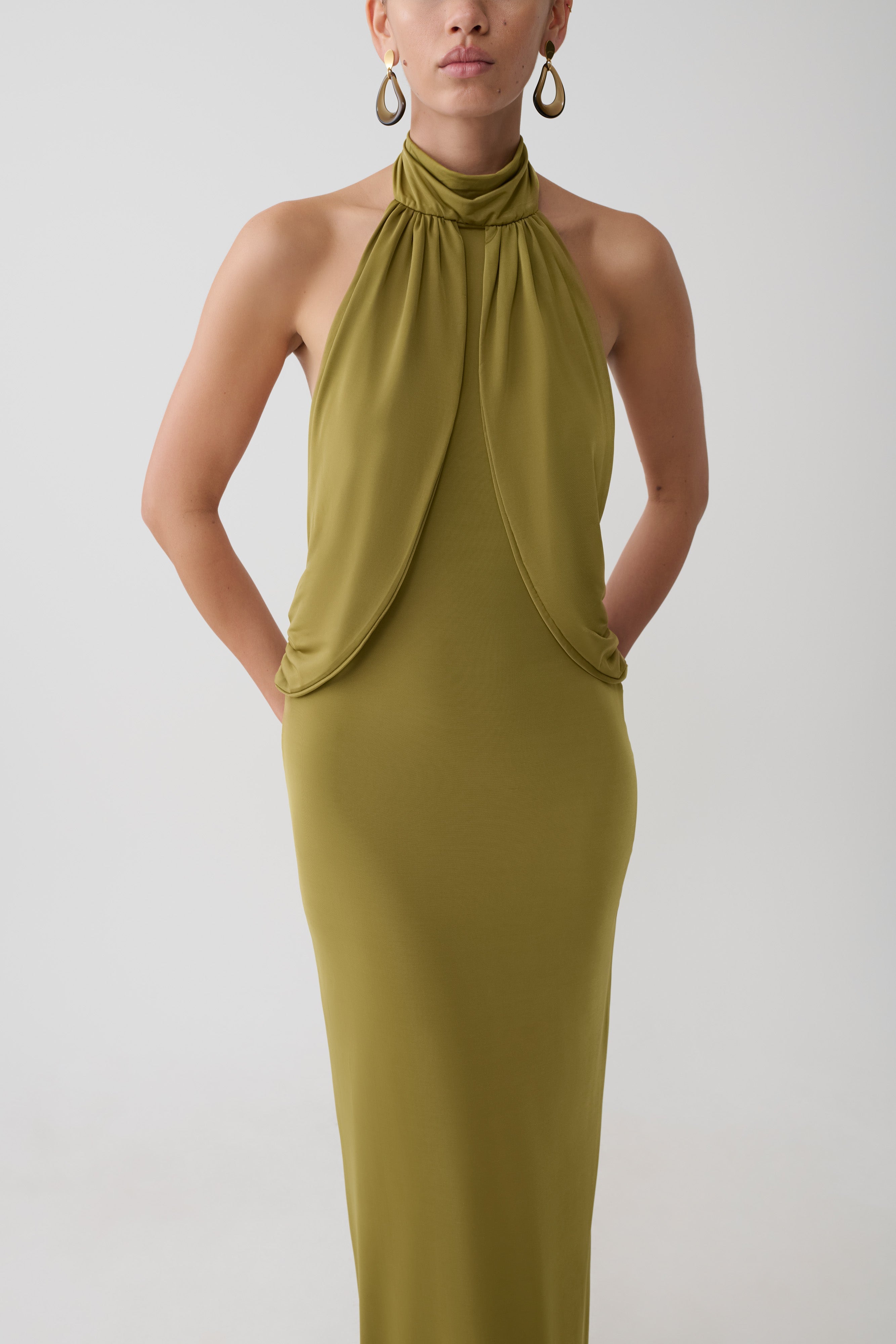 Halter Neck Slinky Maxi Dress - Martini Olive
