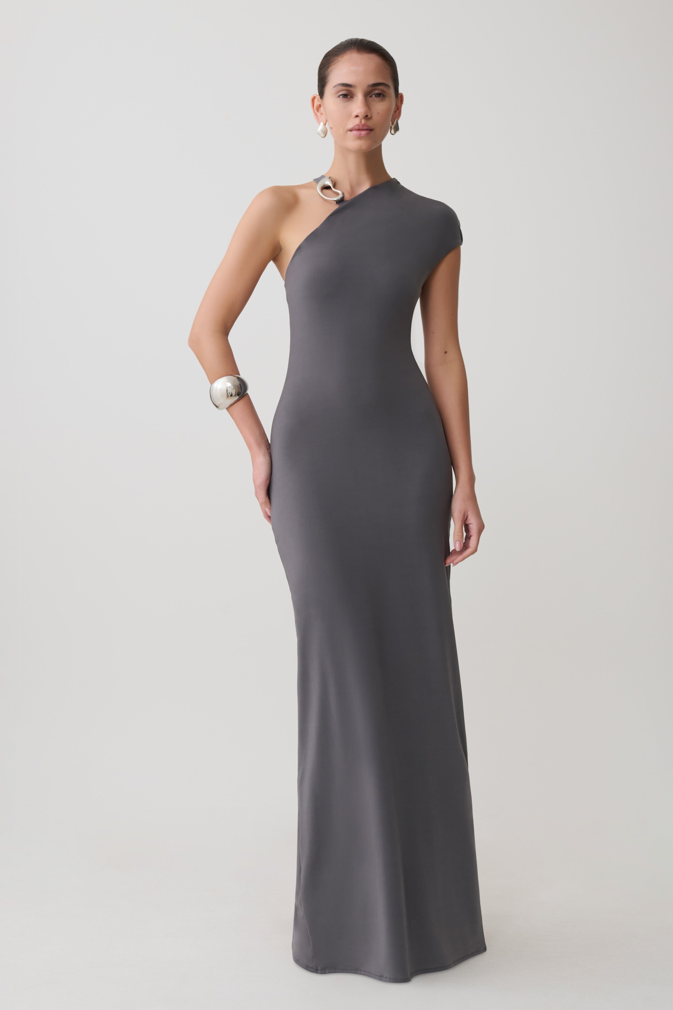 Slinky Maxi Dress With Hardware - Grey
