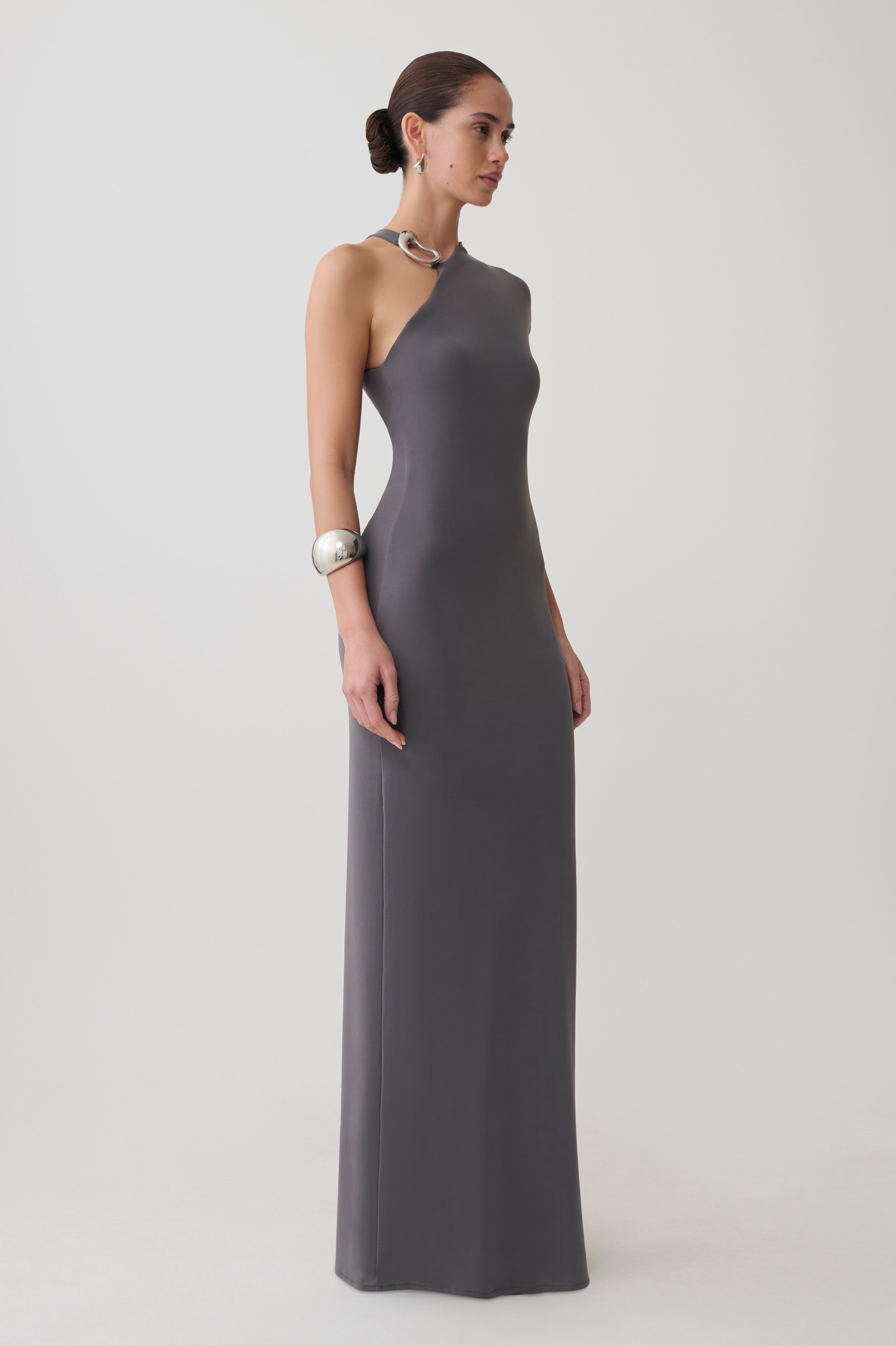 Slinky Maxi Dress With Hardware - Grey