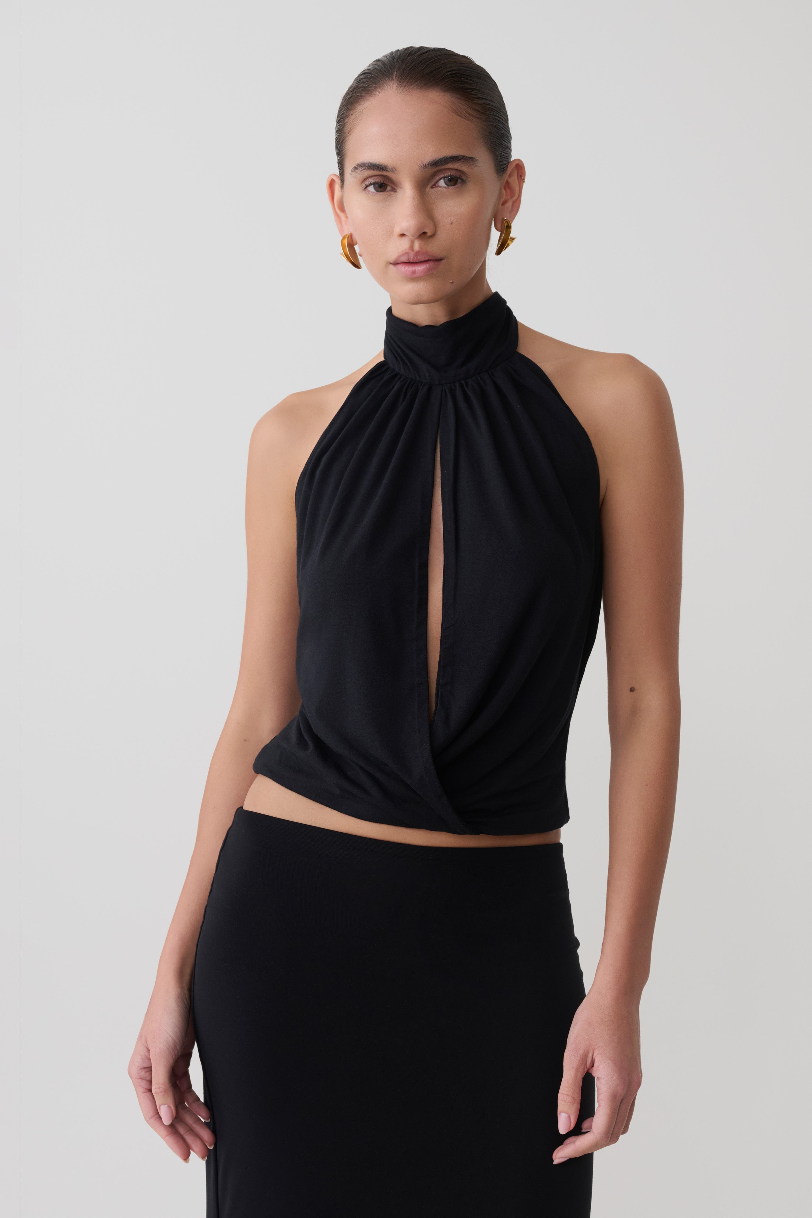 Viscose Sleeveless Halter Top - Black