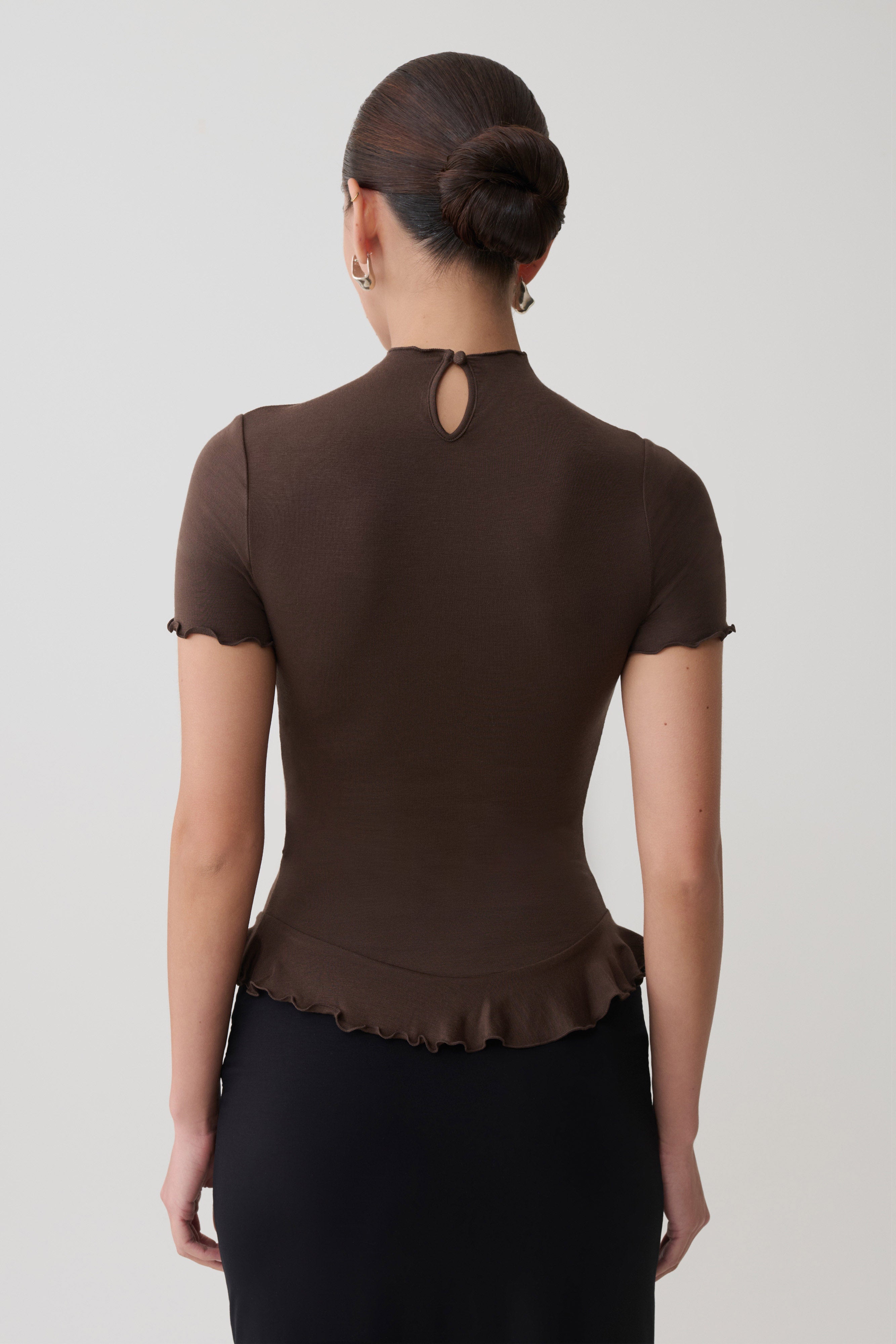 Short Sleeve Ruffle Top - Dark Chocolate