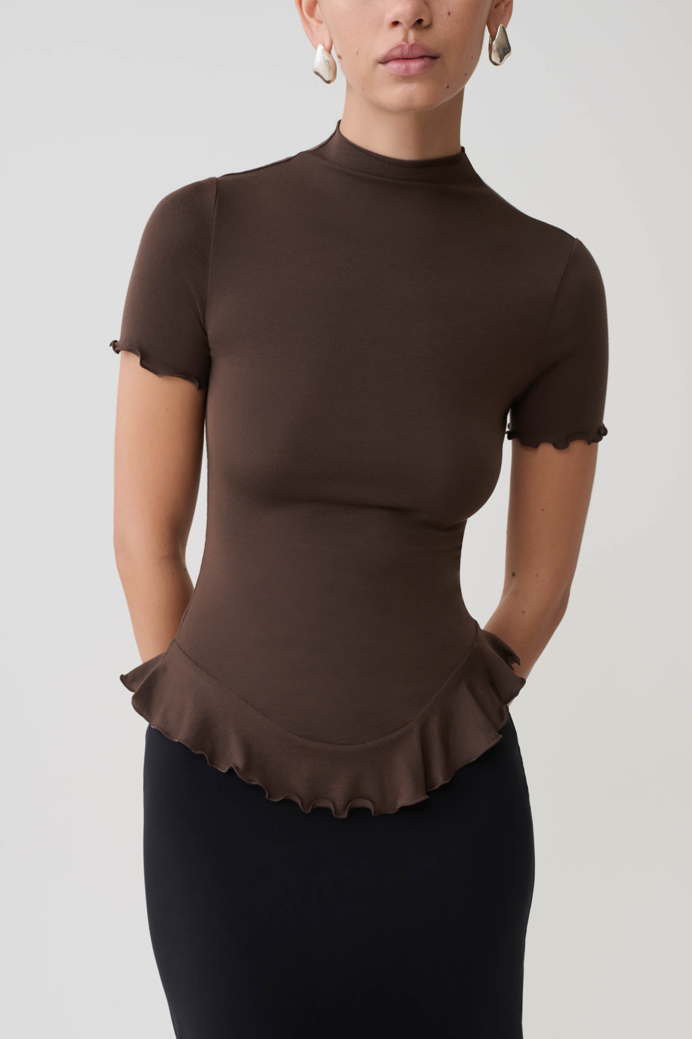 Short Sleeve Ruffle Top - Dark Chocolate