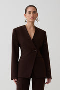 Blazer van kostuumstof met verlaagde schouders - donkere chocolade