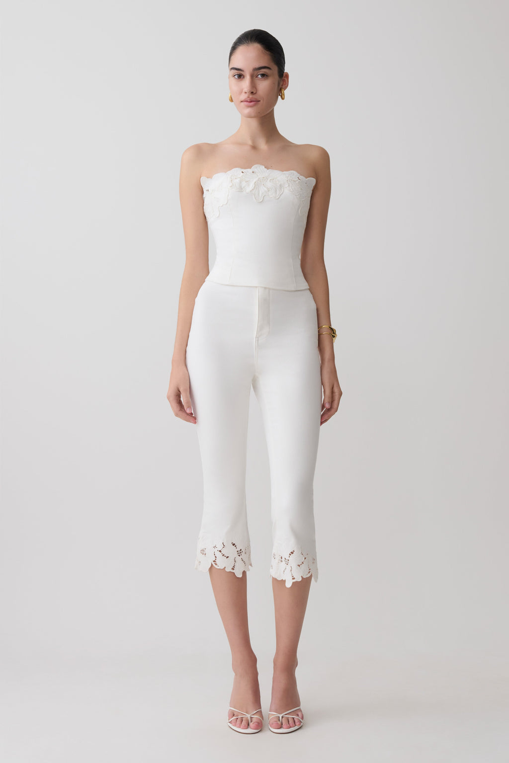 Flower Embroidery Strapless Denim Top - White
