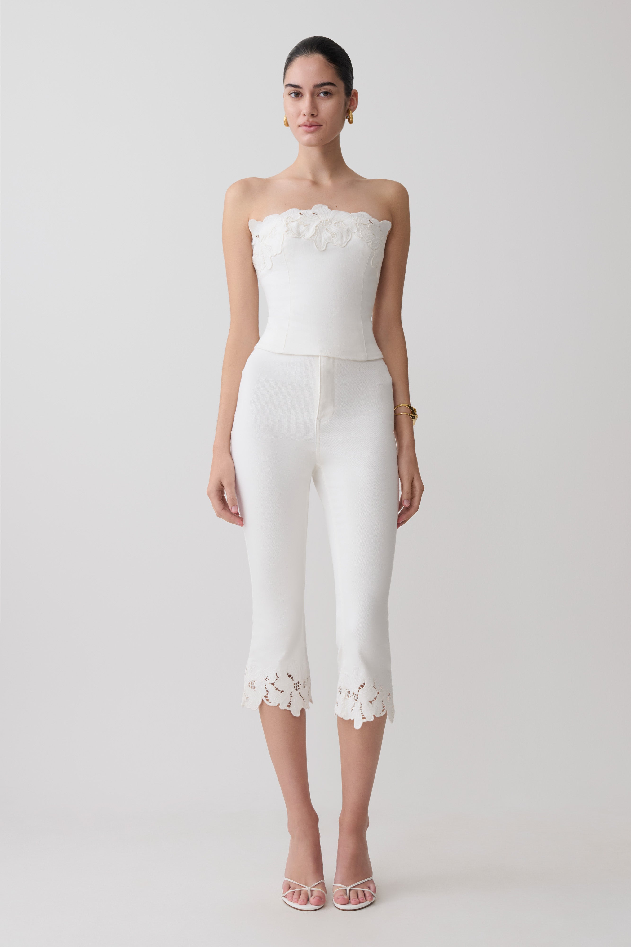 Flower Embroidery Strapless Denim Top - White