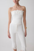 Flower Embroidery Strapless Denim Top - White