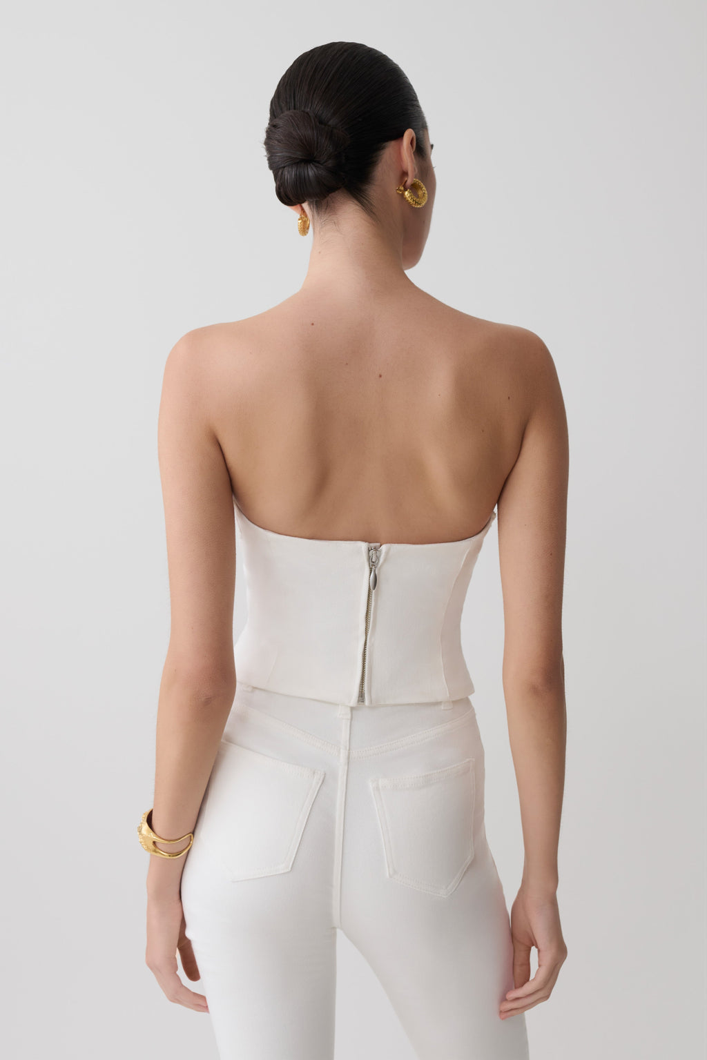 Flower Embroidery Strapless Denim Top - White