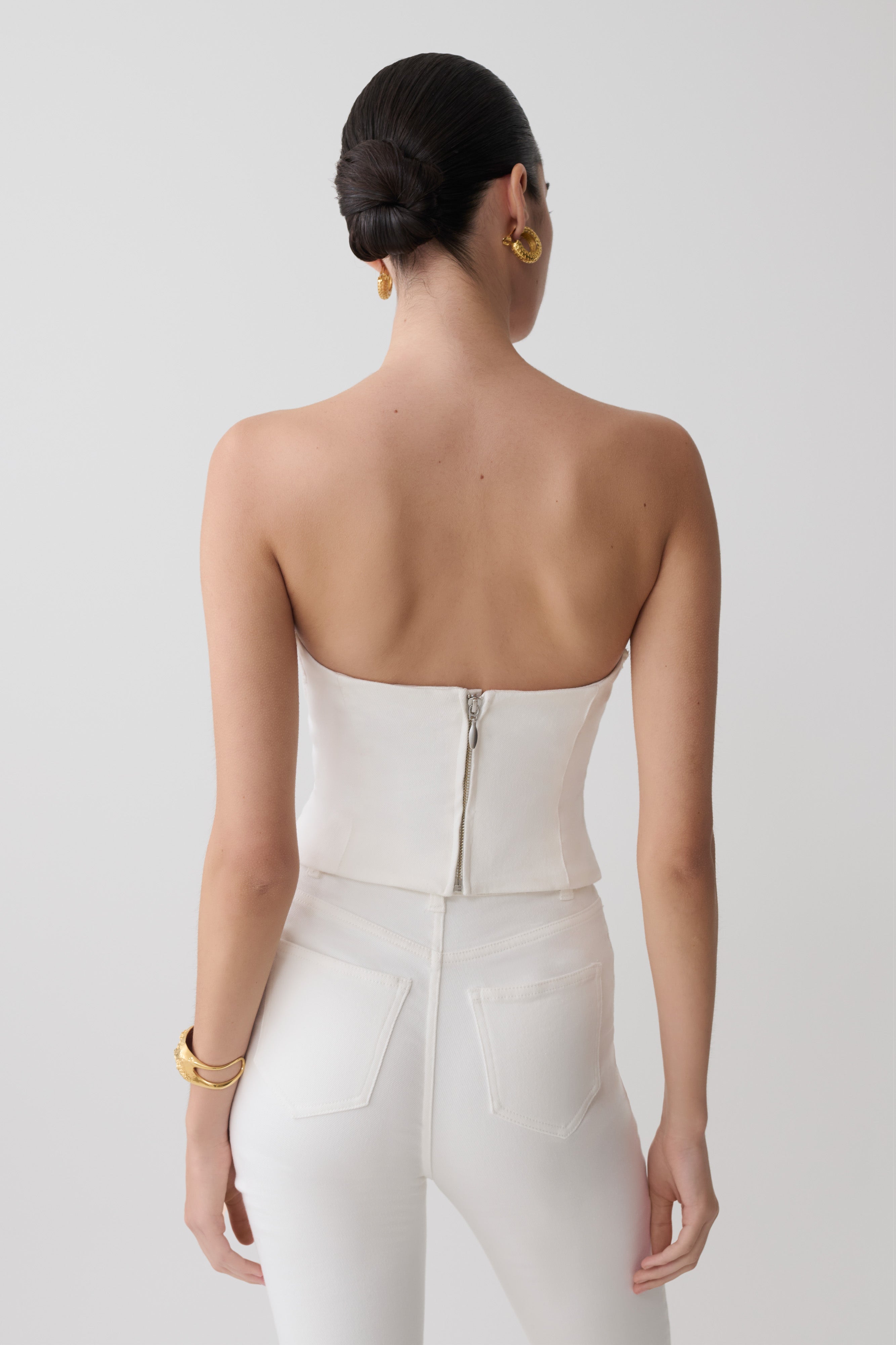 Flower Embroidery Strapless Denim Top - White