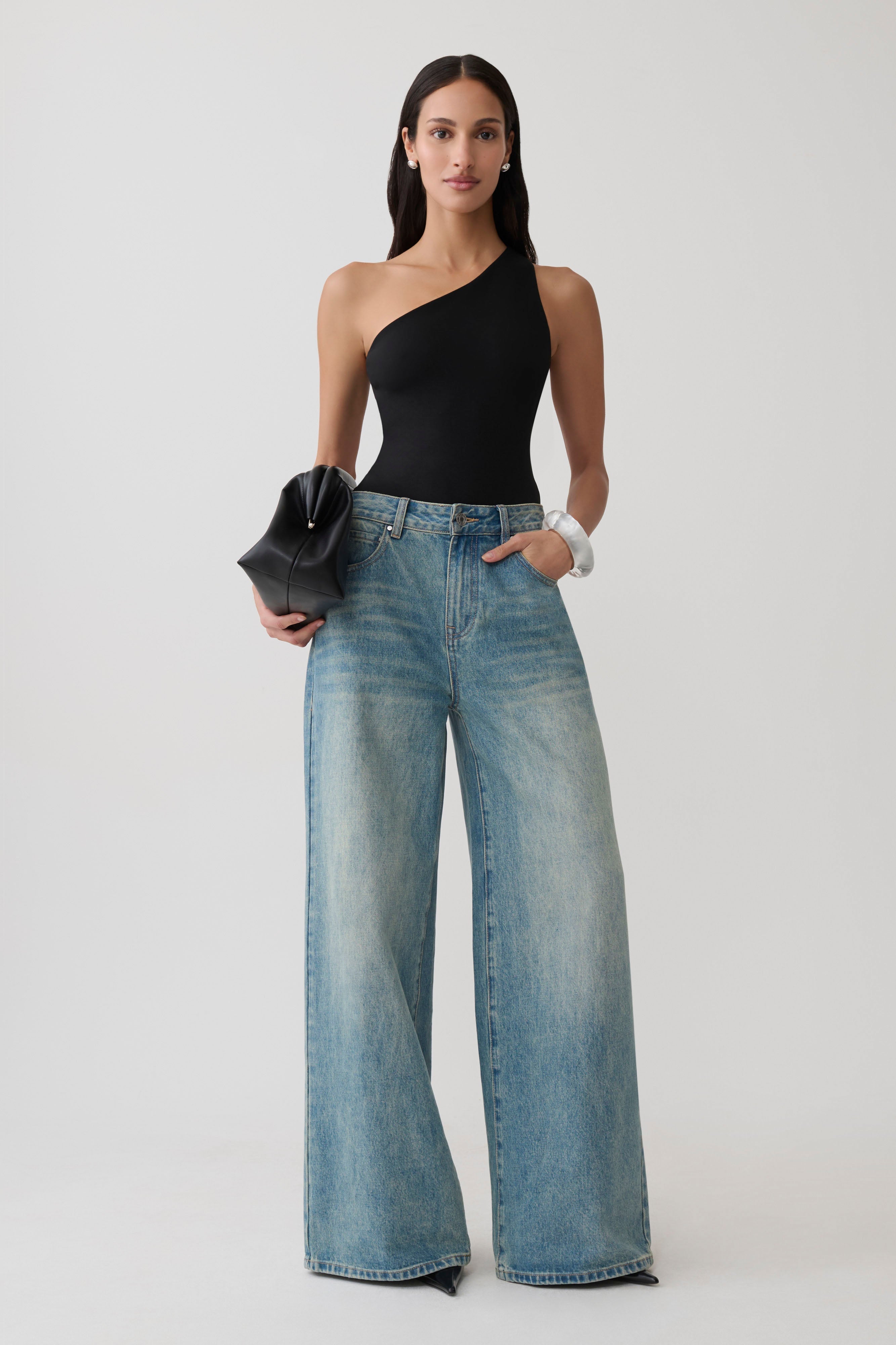 Asymmetric Back Ponte Bodysuit - Black