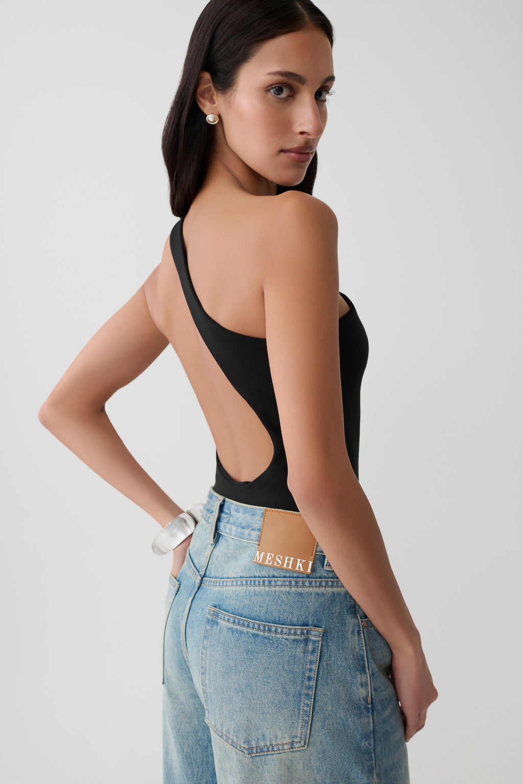Asymmetric Back Ponte Bodysuit - Black