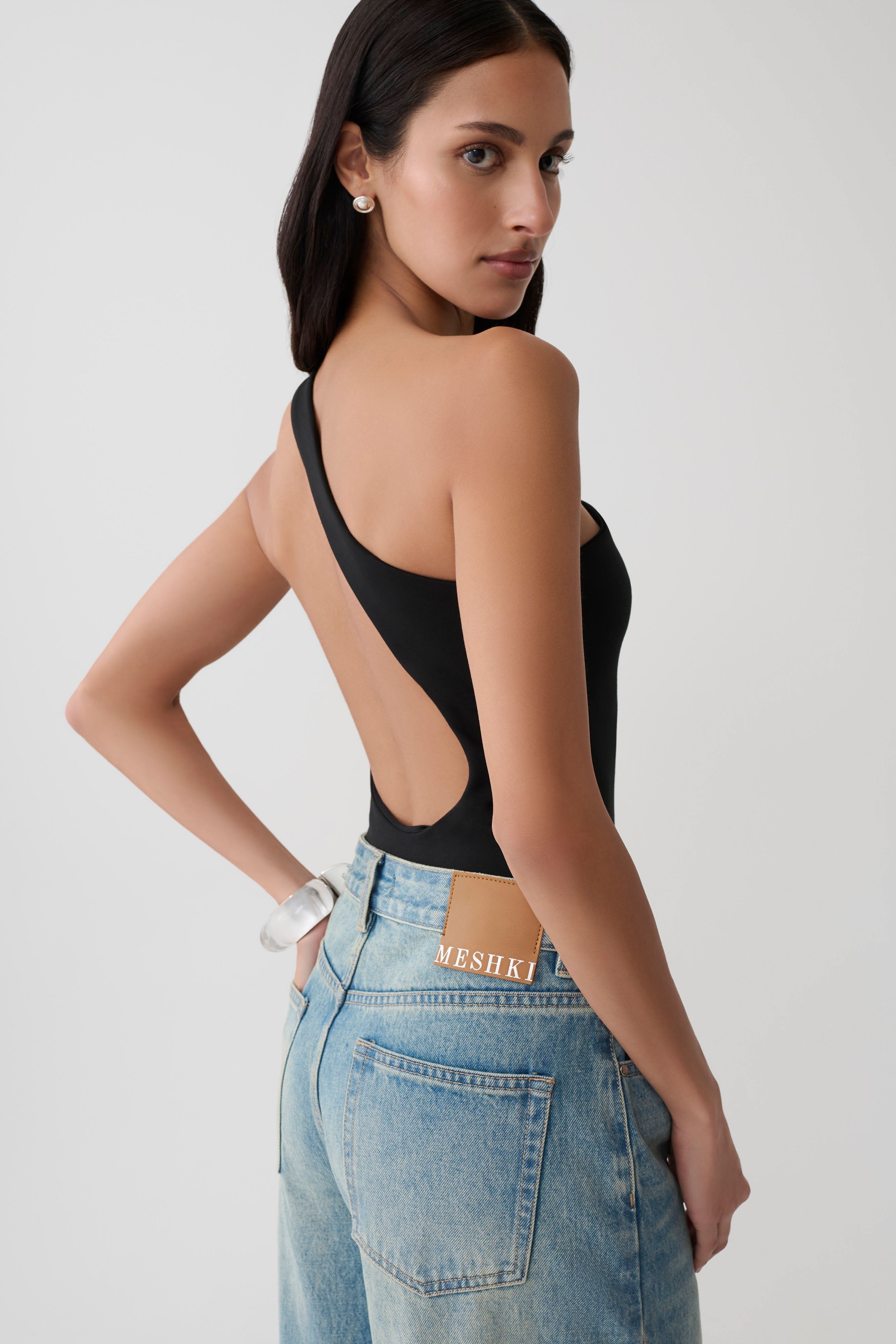 Asymmetric Back Ponte Bodysuit - Black