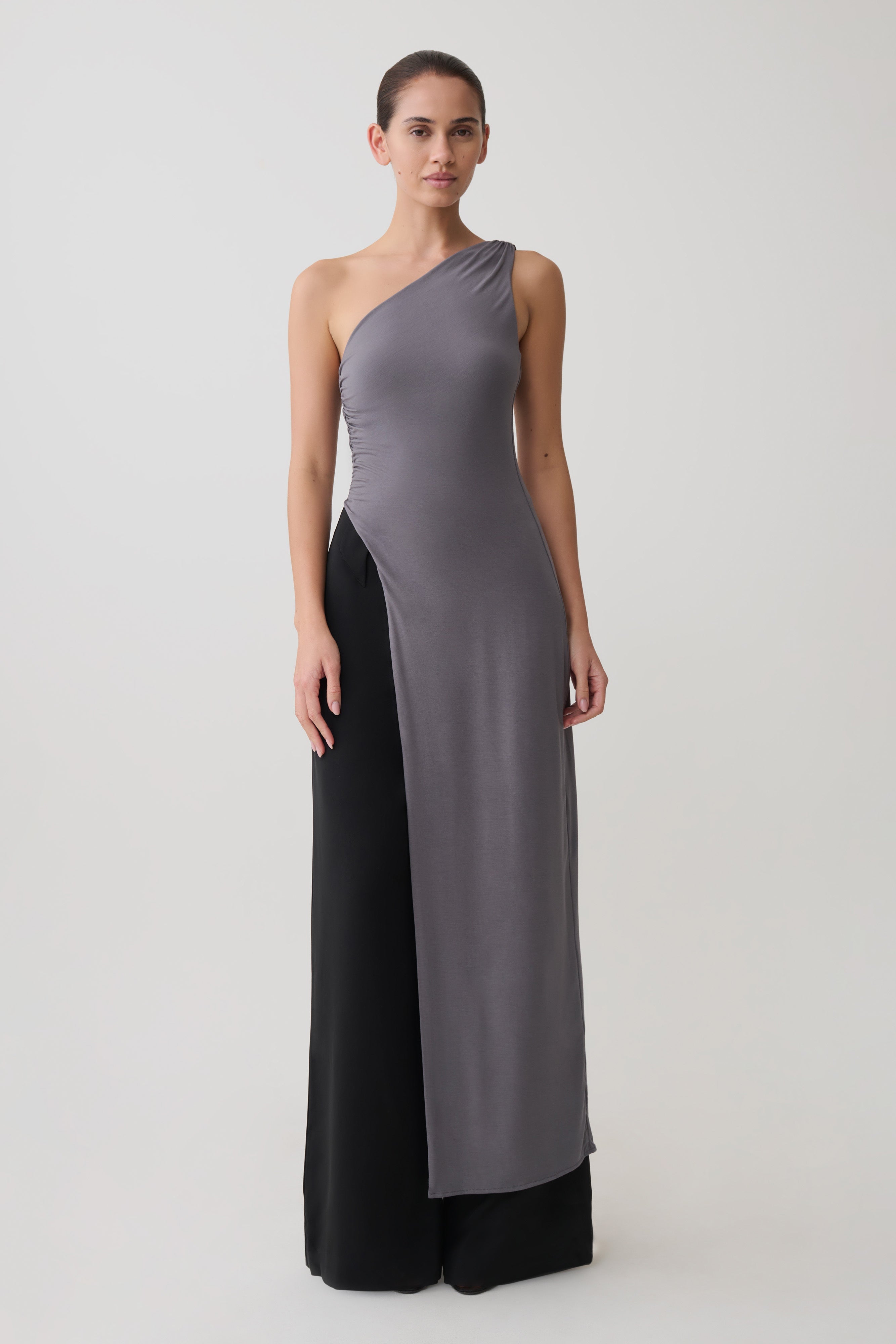 Long Line Top With Front Cut Out - Grey