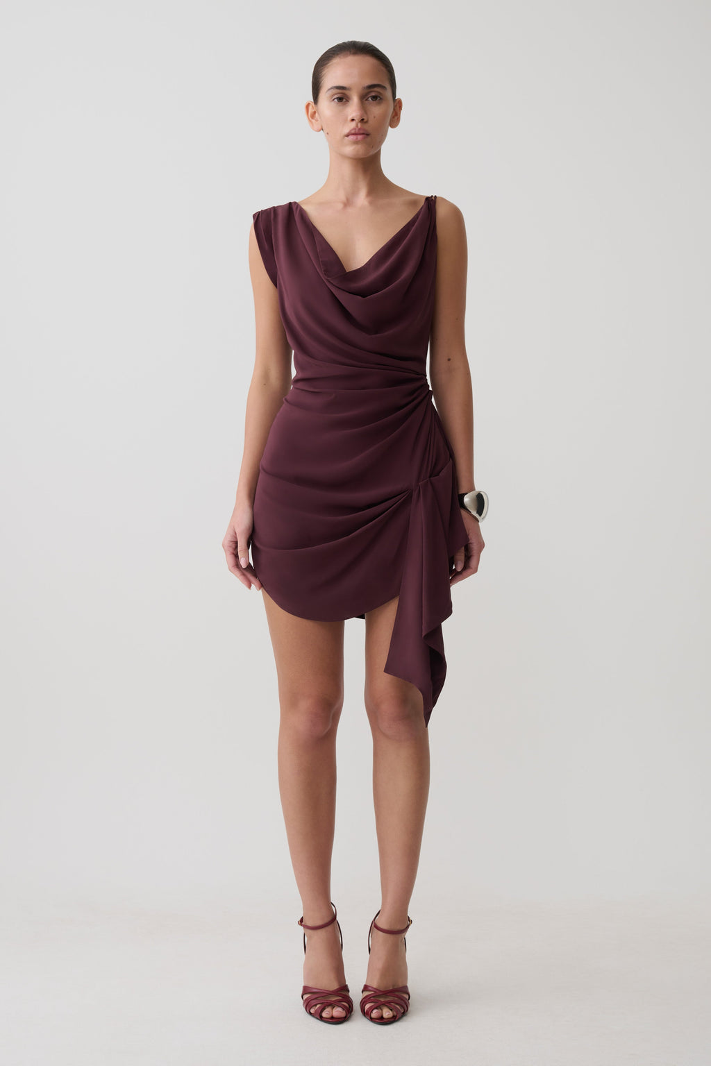 Cowl Drape Satin Mini Dress - Plum