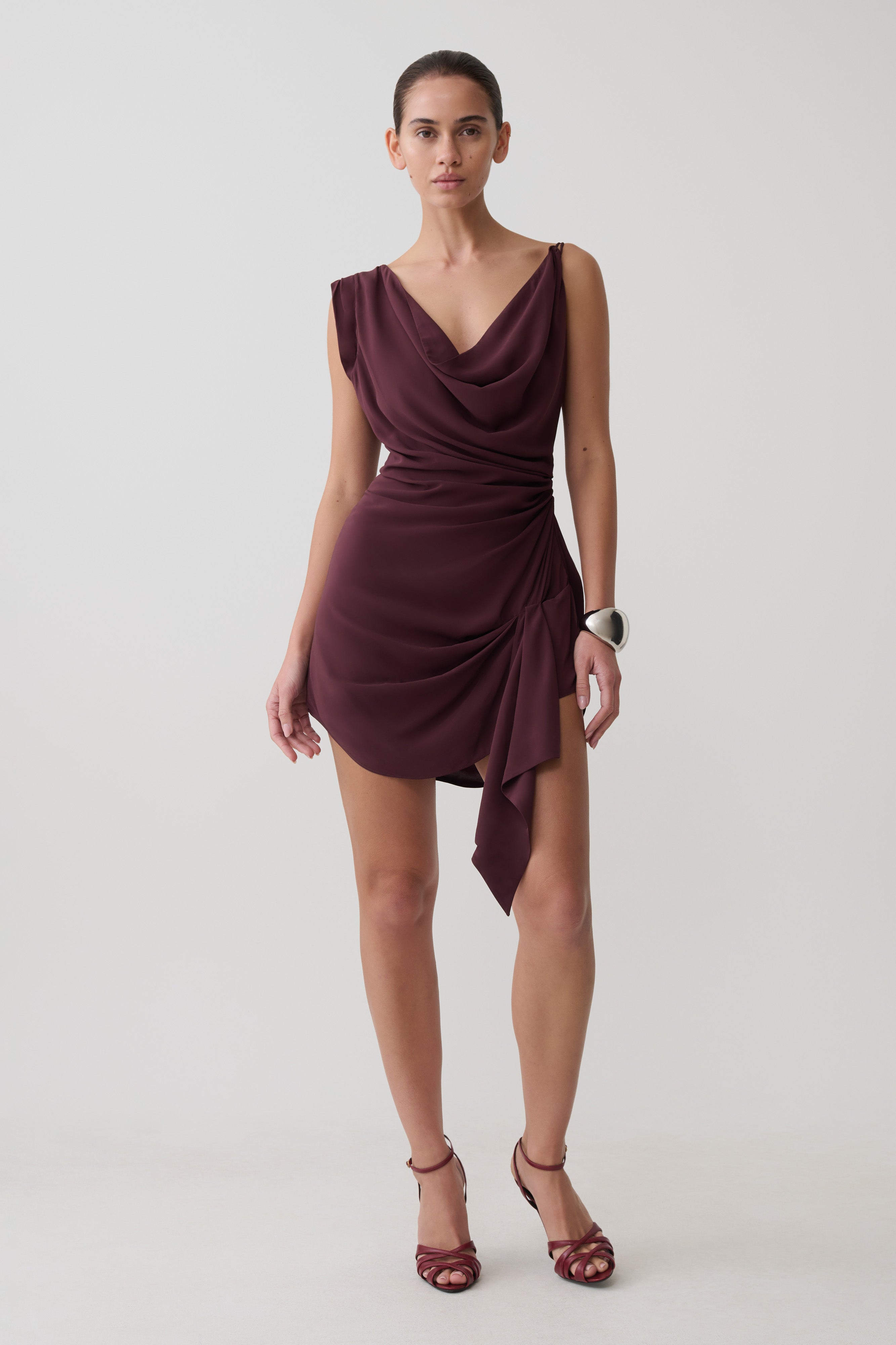 Cowl Drape Satin Mini Dress - Plum