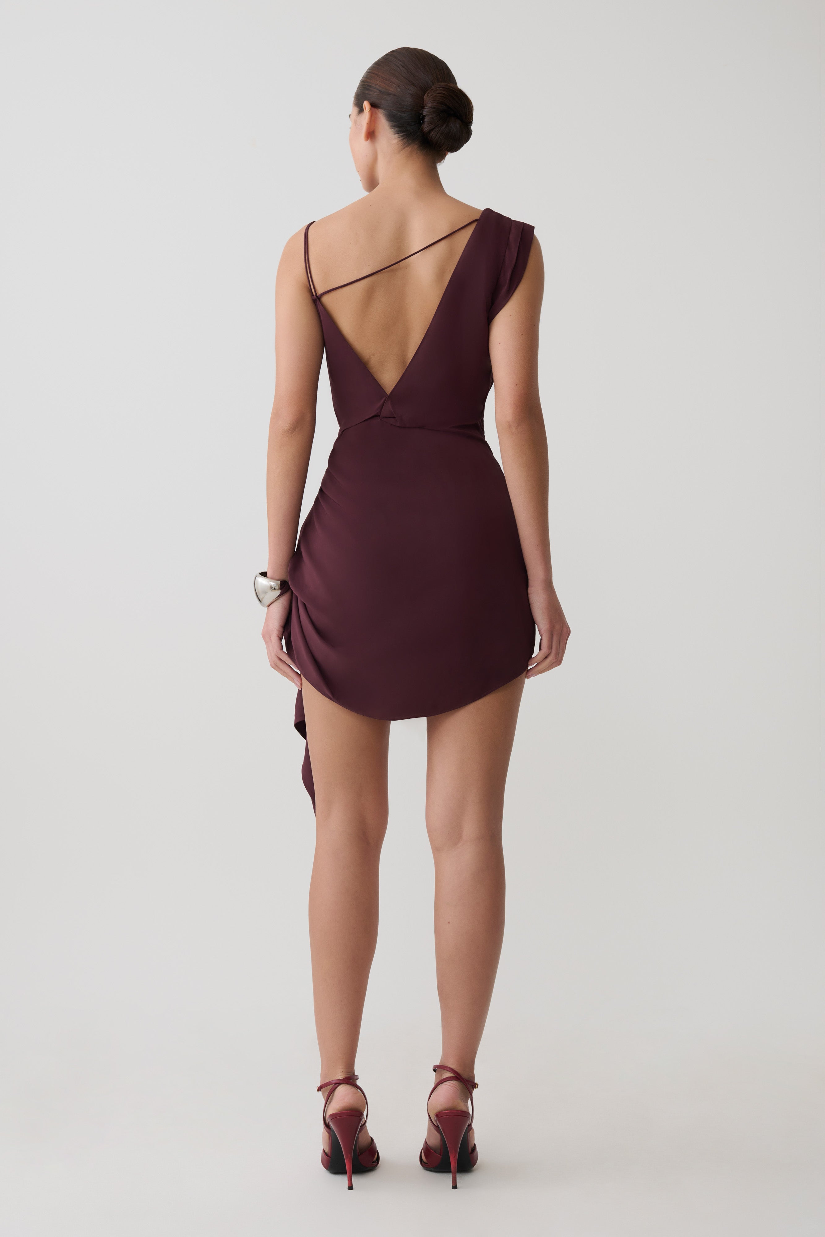 Cowl Drape Satin Mini Dress - Plum