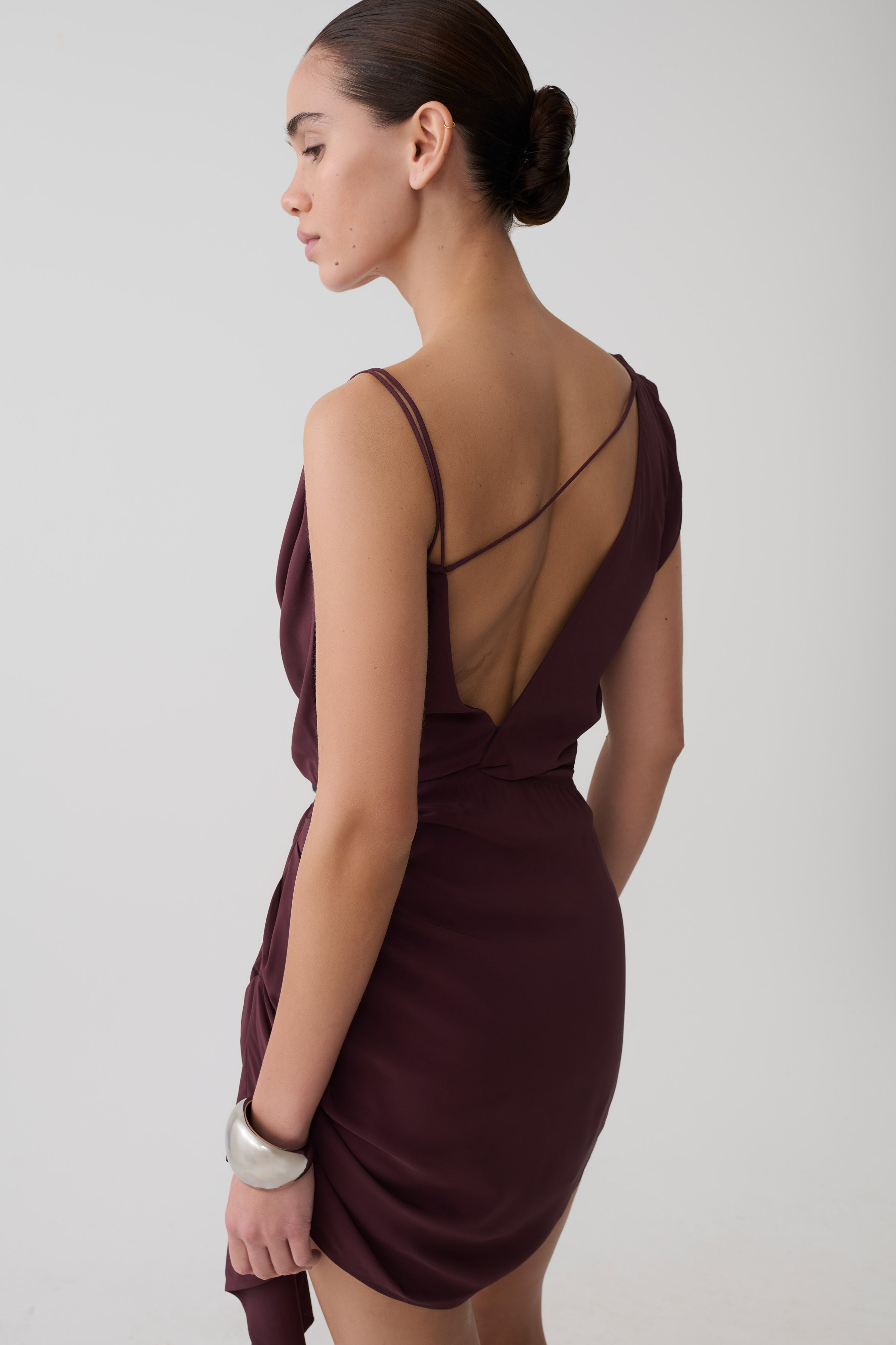 Cowl Drape Satin Mini Dress - Plum