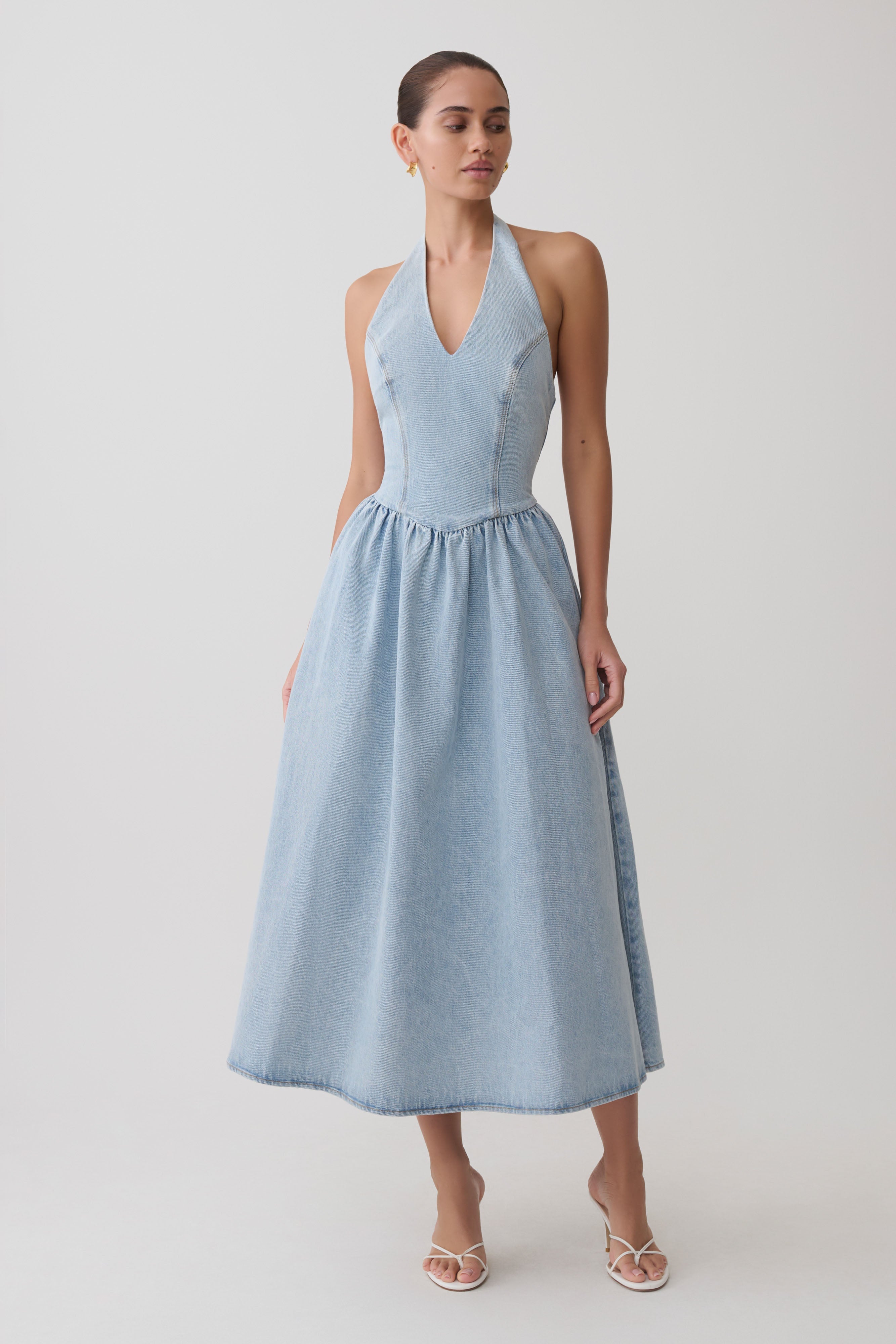 Denim Halter Midi Dress - Classic Blue
