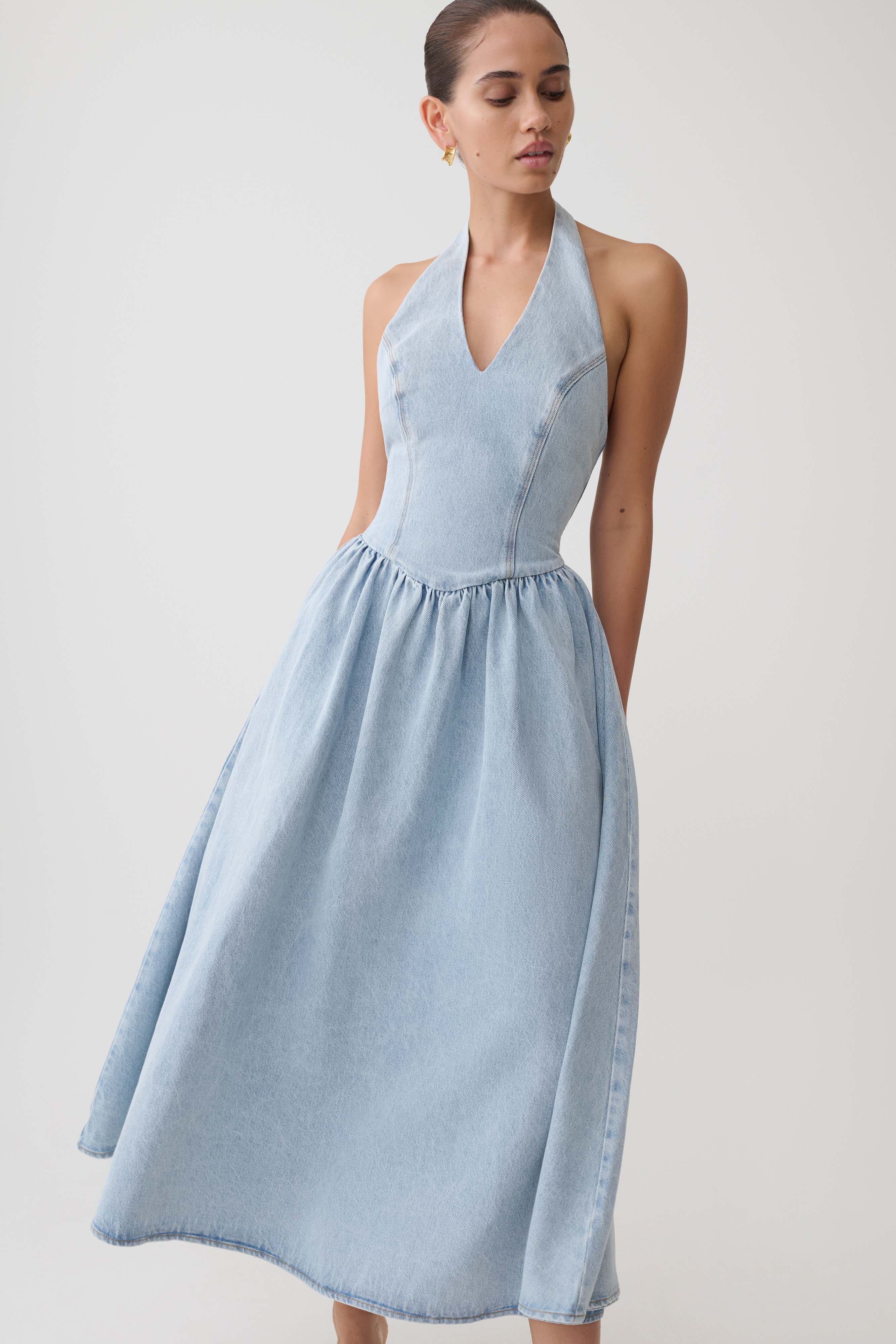 Denim Halter Midi Dress - Classic Blue