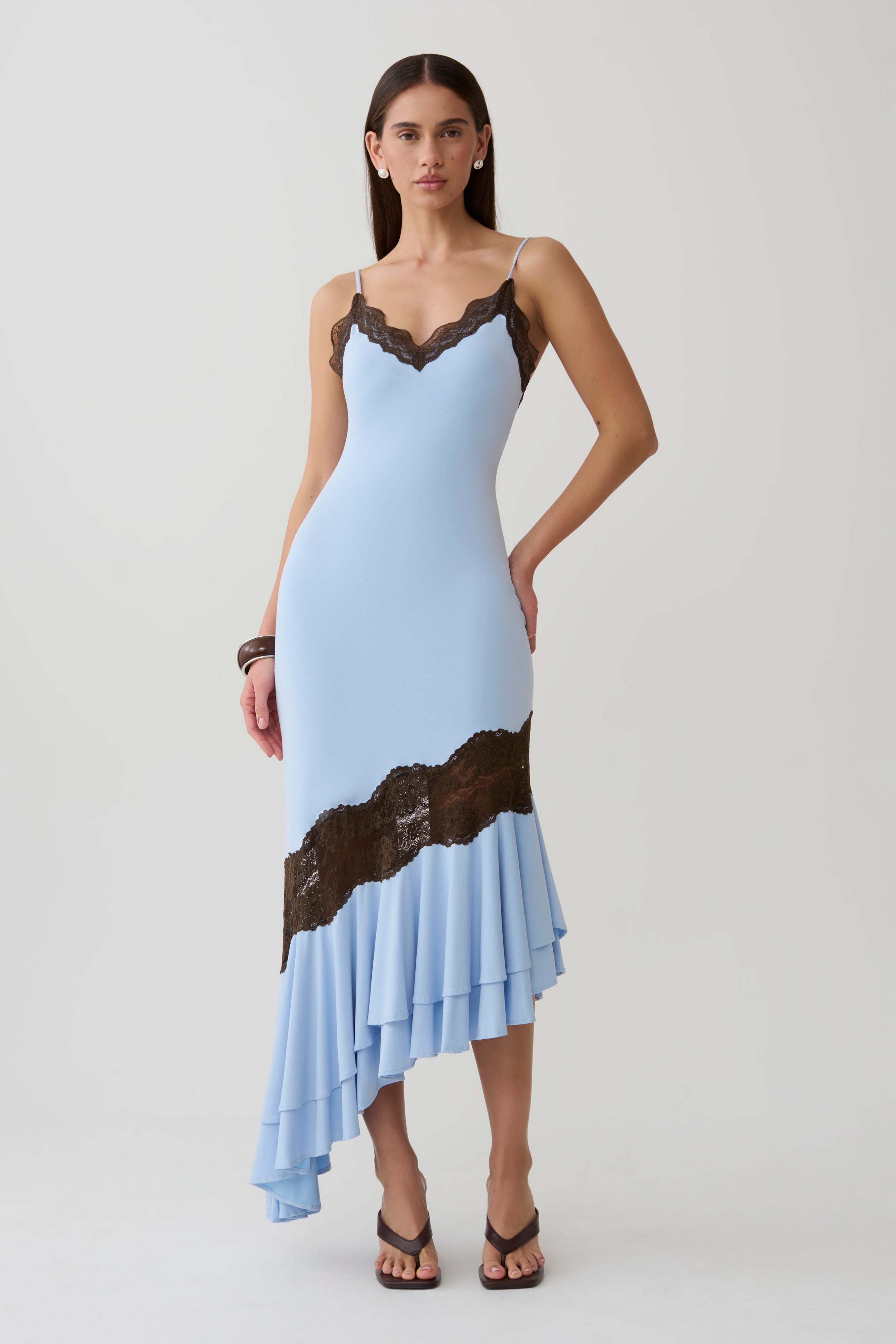 Frilled Hem Lace Midi Dress - Cornflower/Chocolate