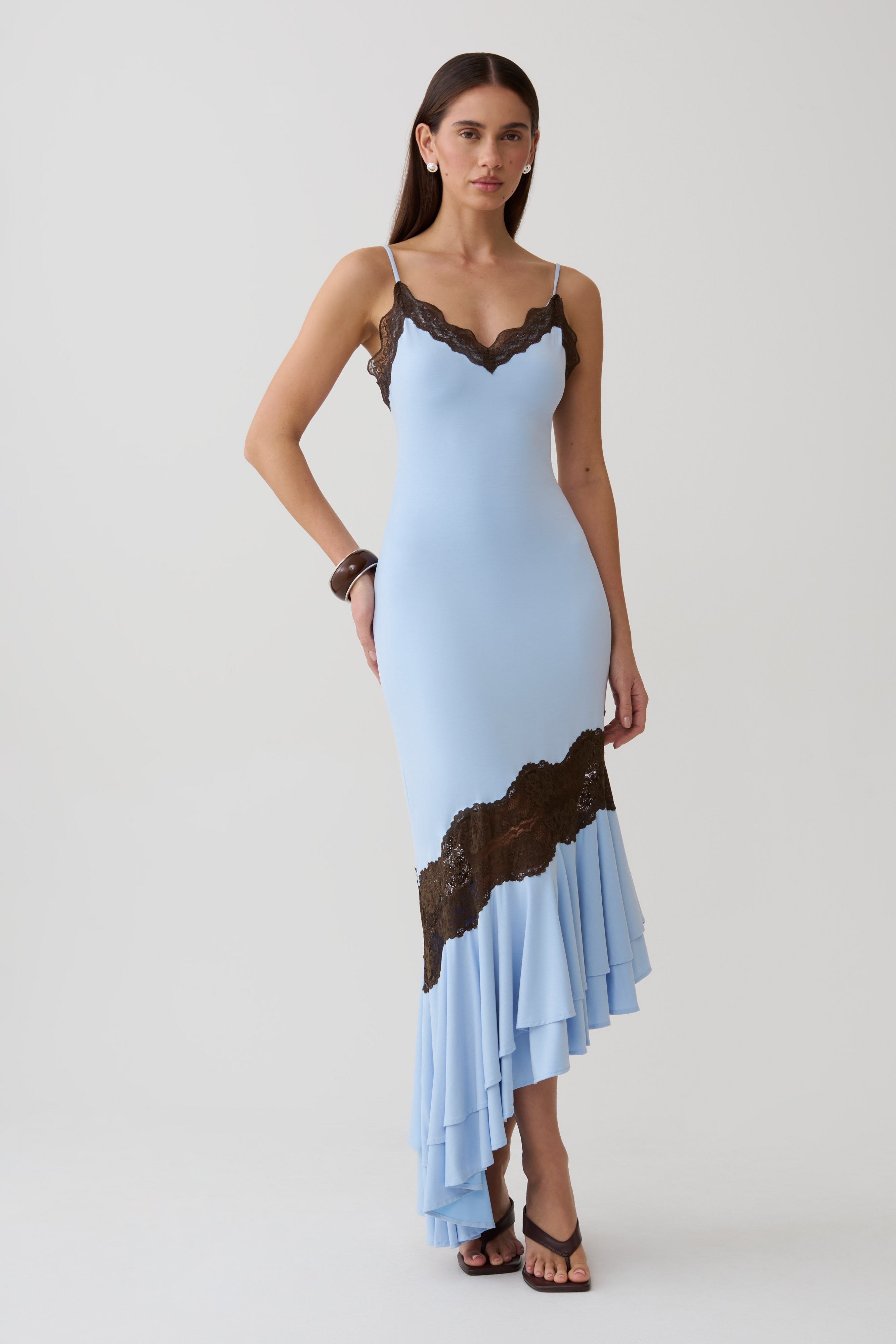 Frilled Hem Lace Midi Dress - Cornflower/Chocolate
