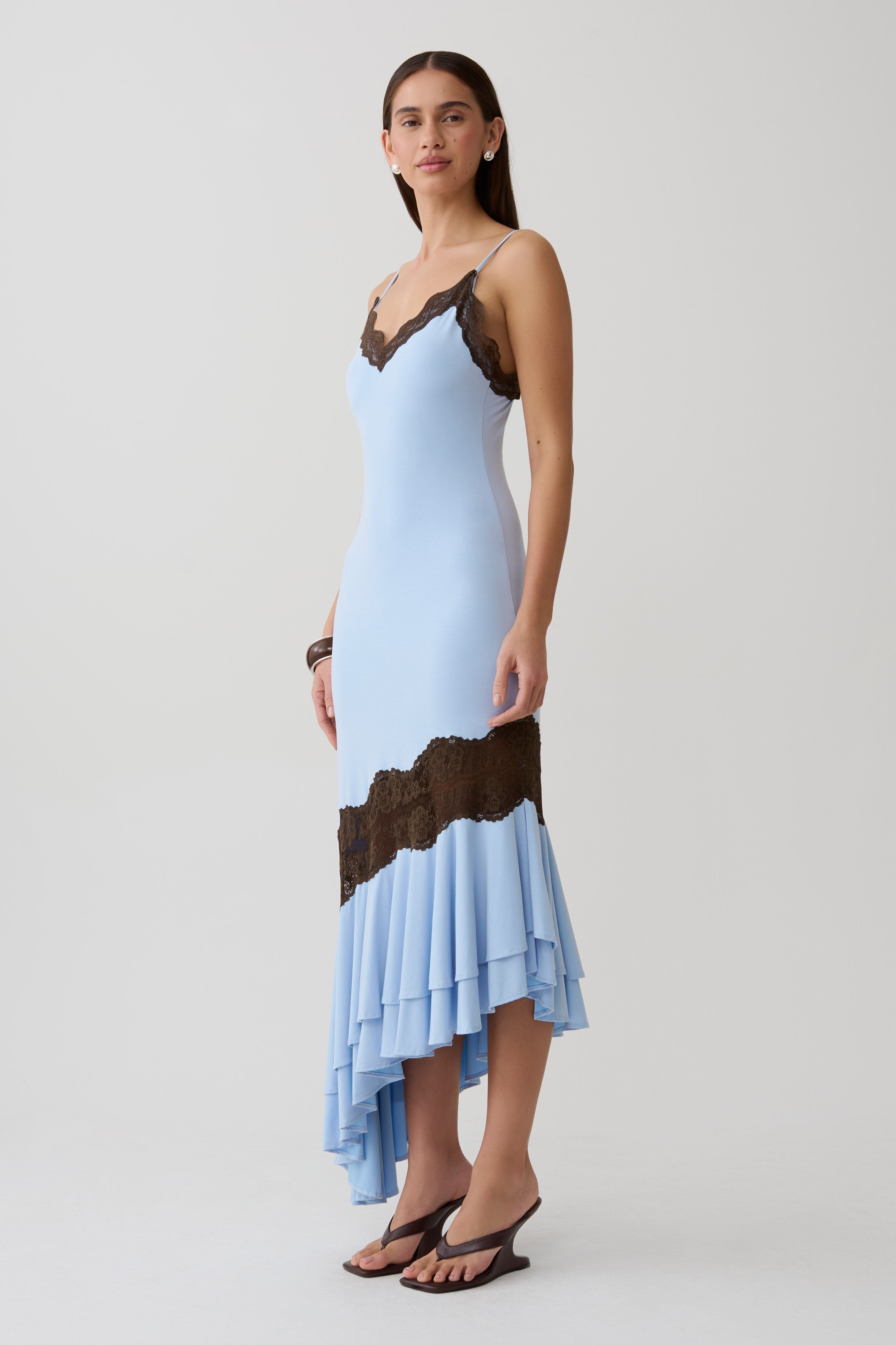 Frilled Hem Lace Midi Dress - Cornflower/Chocolate