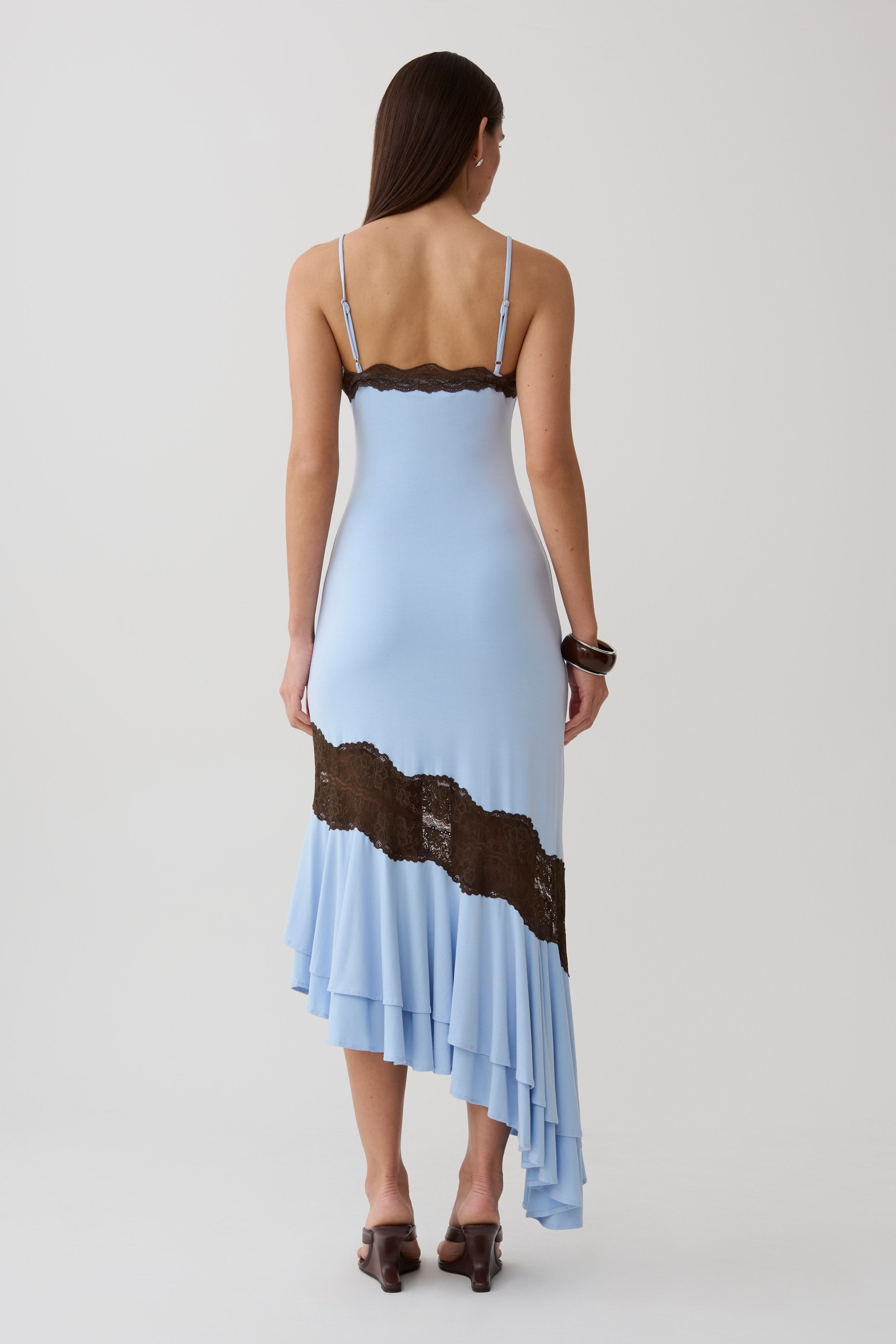 Frilled Hem Lace Midi Dress - Cornflower/Chocolate