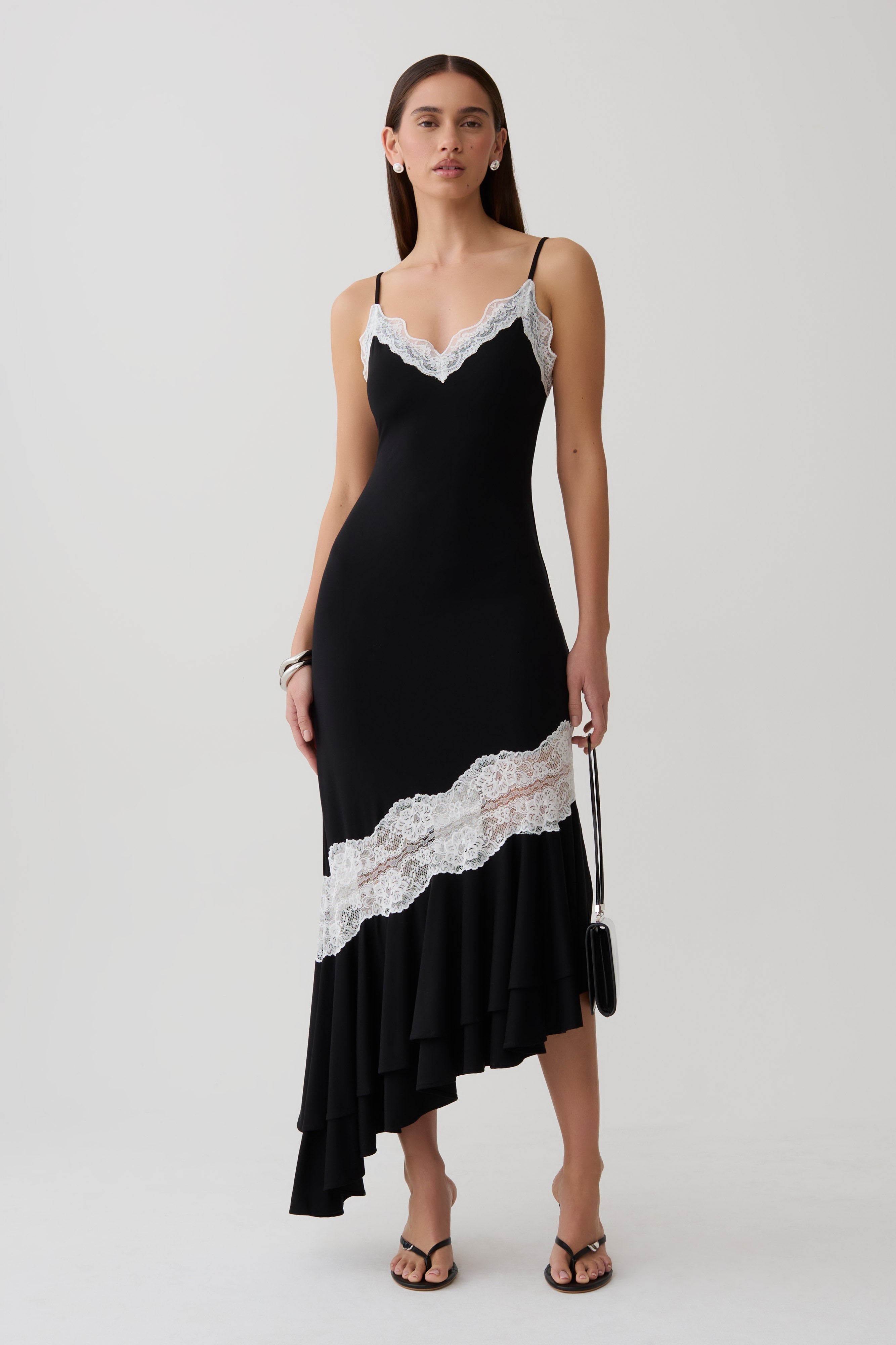 Frilled Hem Lace Midi Dress - Black/White