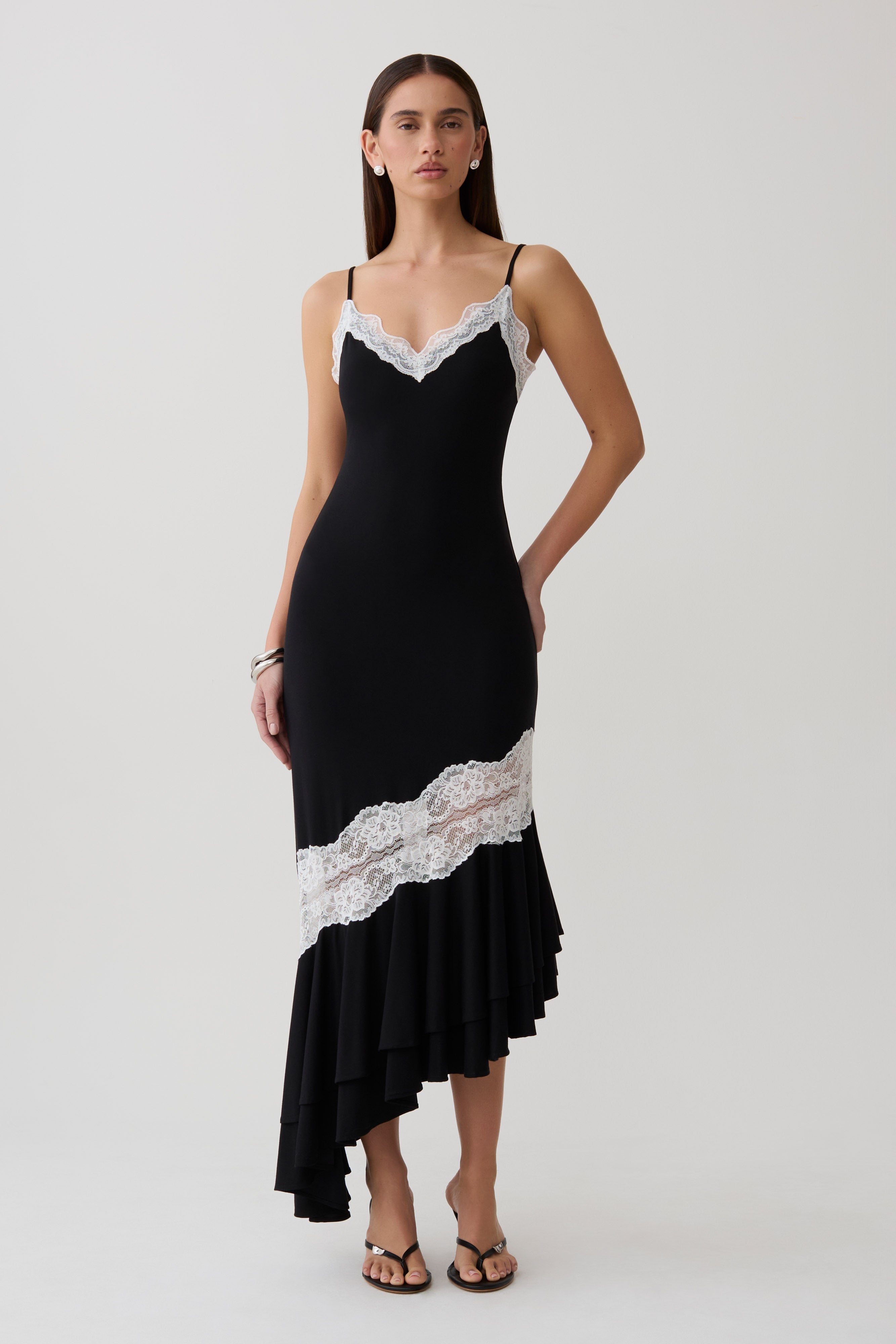 Frilled Hem Lace Midi Dress - Black/White