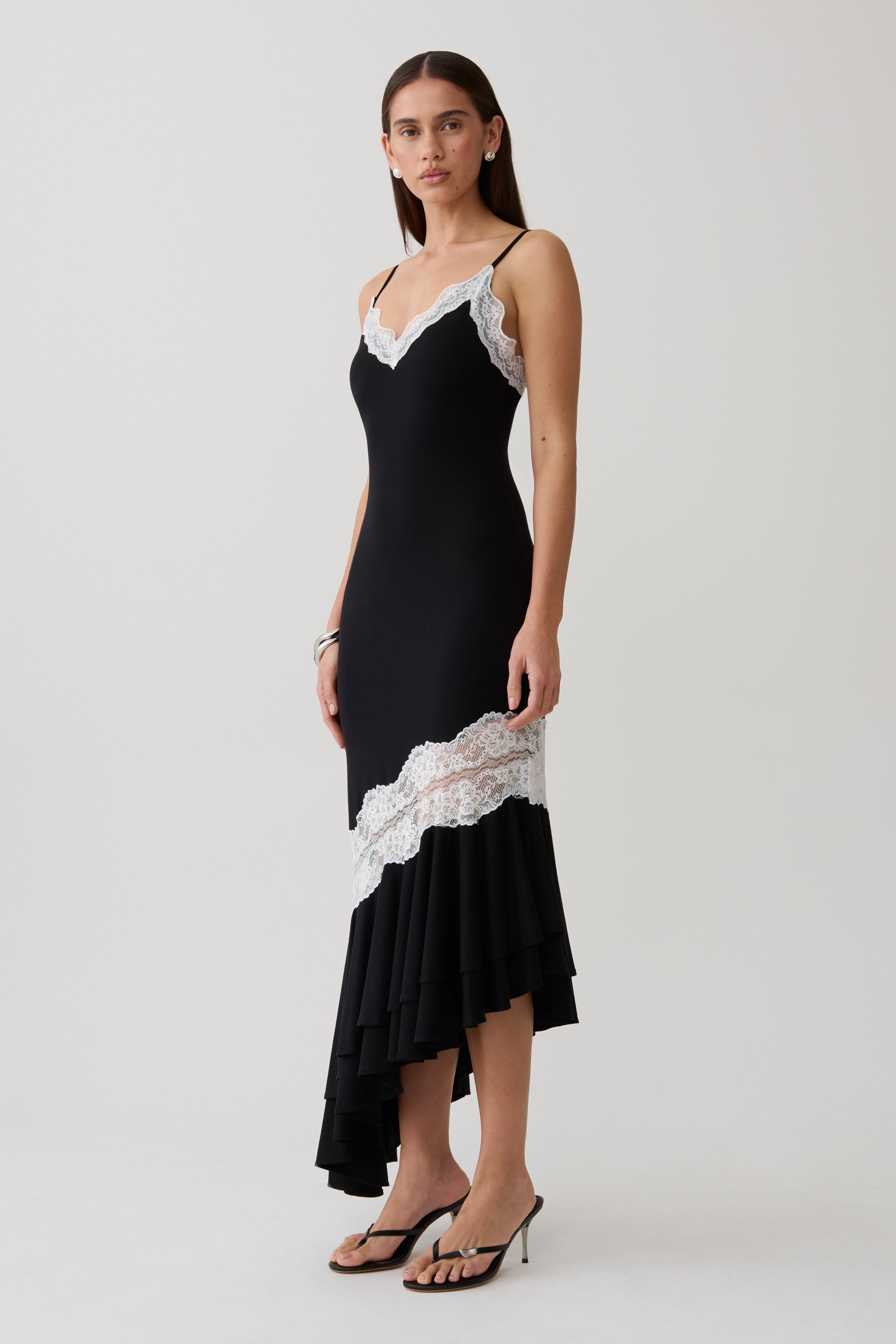 Frilled Hem Lace Midi Dress - Black/White