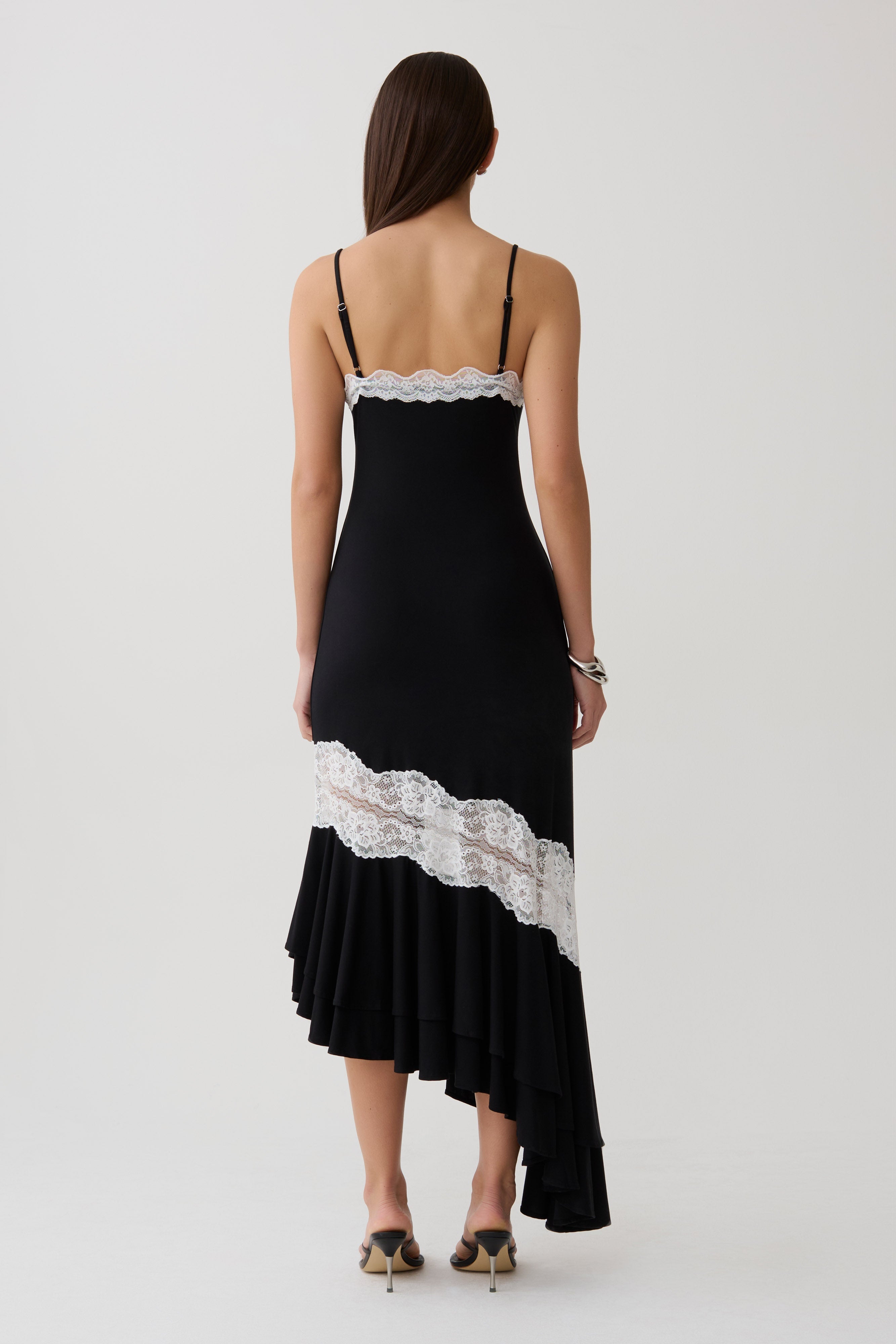 Frilled Hem Lace Midi Dress - Black/White