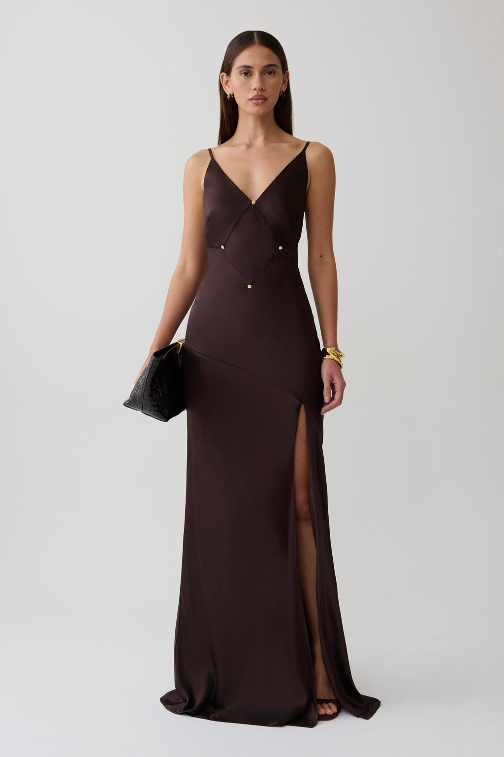 V Neck Satin Maxi Dress - Dark Chocolate