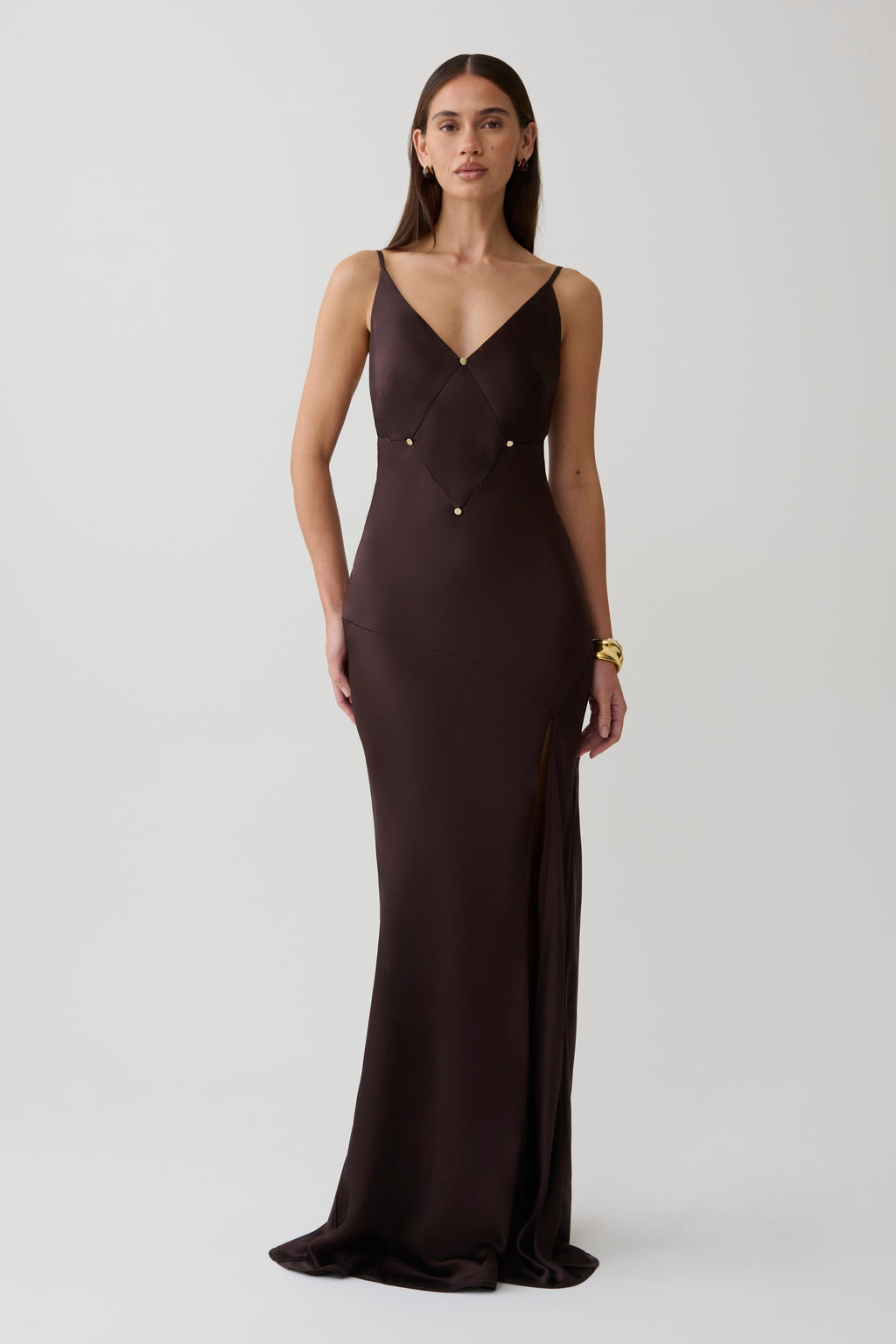 V Neck Satin Maxi Dress - Dark Chocolate