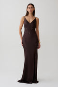 V Neck Satin Maxi Dress - Dark Chocolate