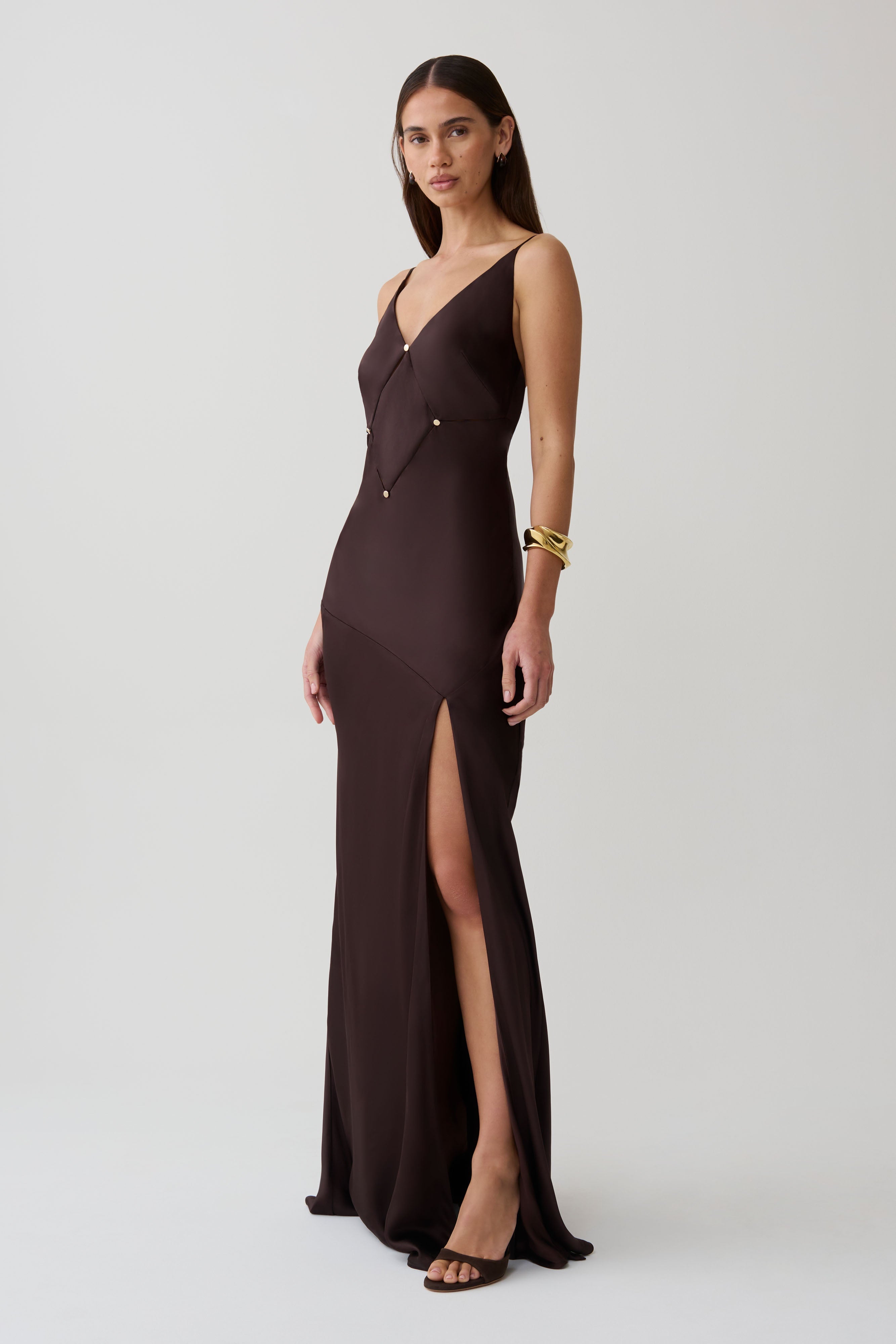 V Neck Satin Maxi Dress - Dark Chocolate