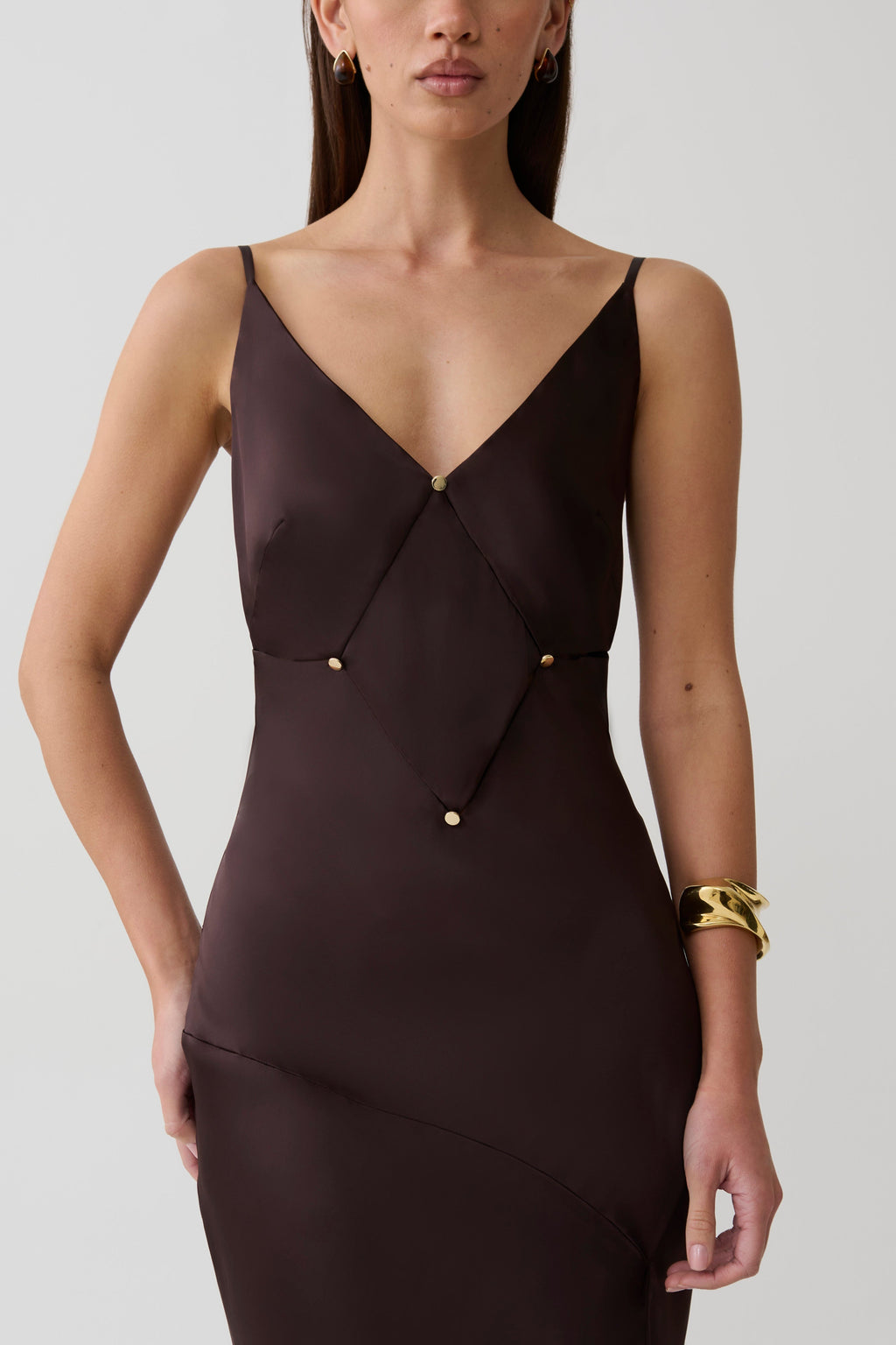 V Neck Satin Maxi Dress - Dark Chocolate