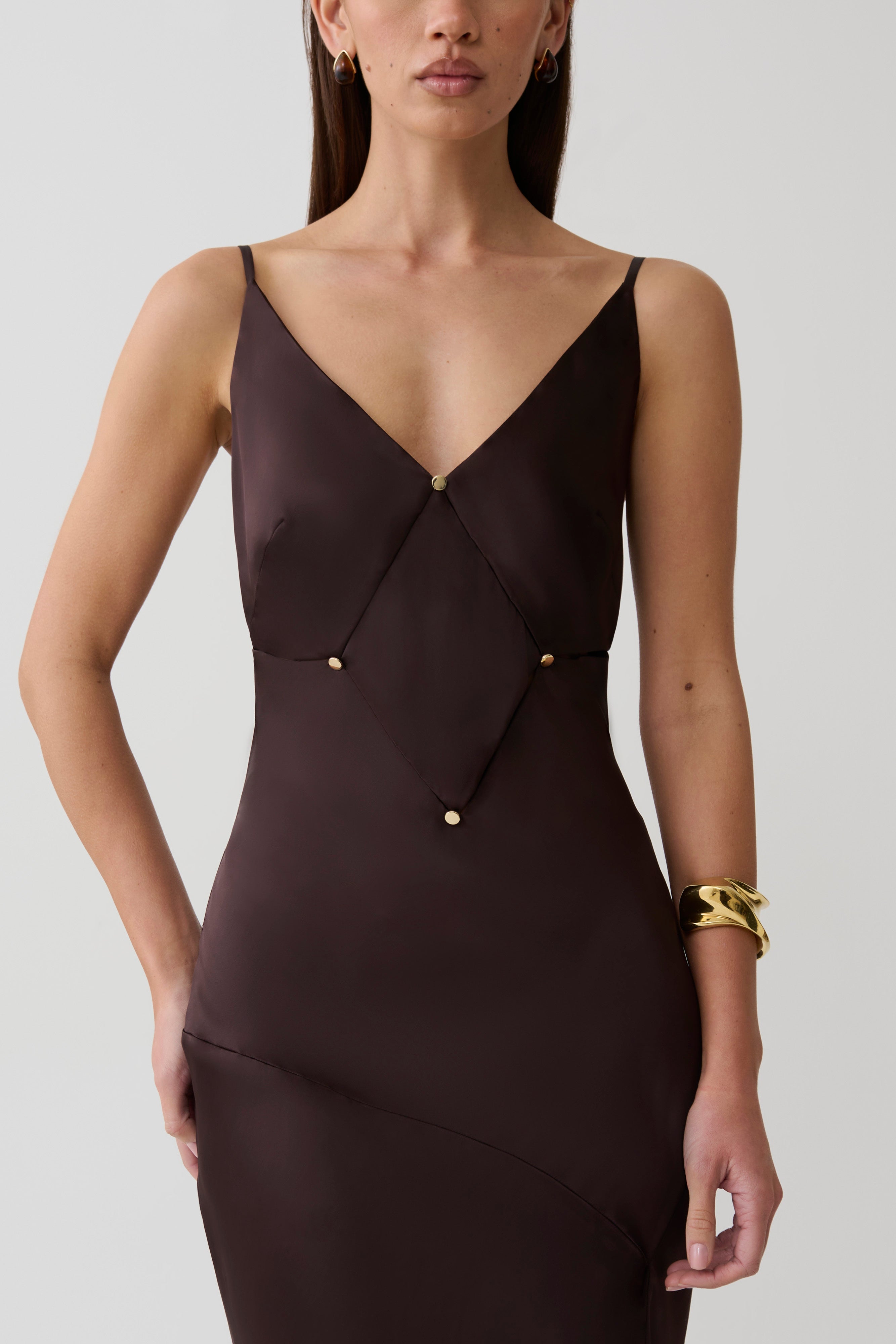 V Neck Satin Maxi Dress - Dark Chocolate