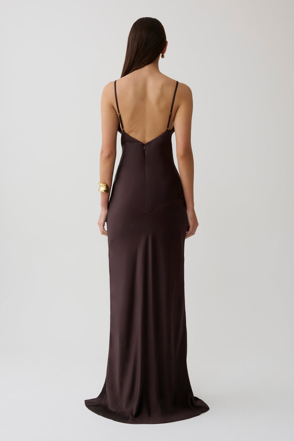 V Neck Satin Maxi Dress - Dark Chocolate