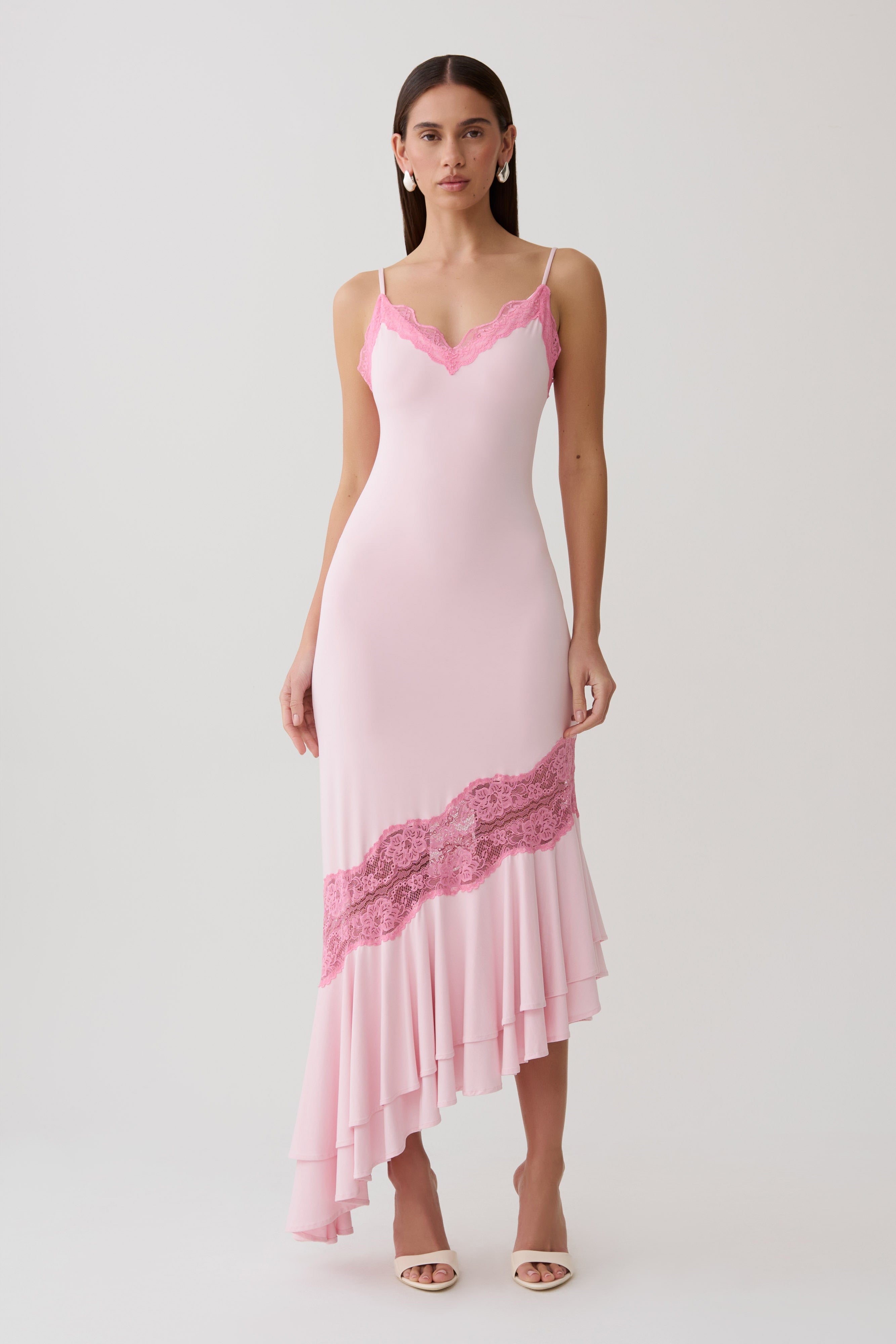 Frilled Hem Lace Midi Dress - Pink