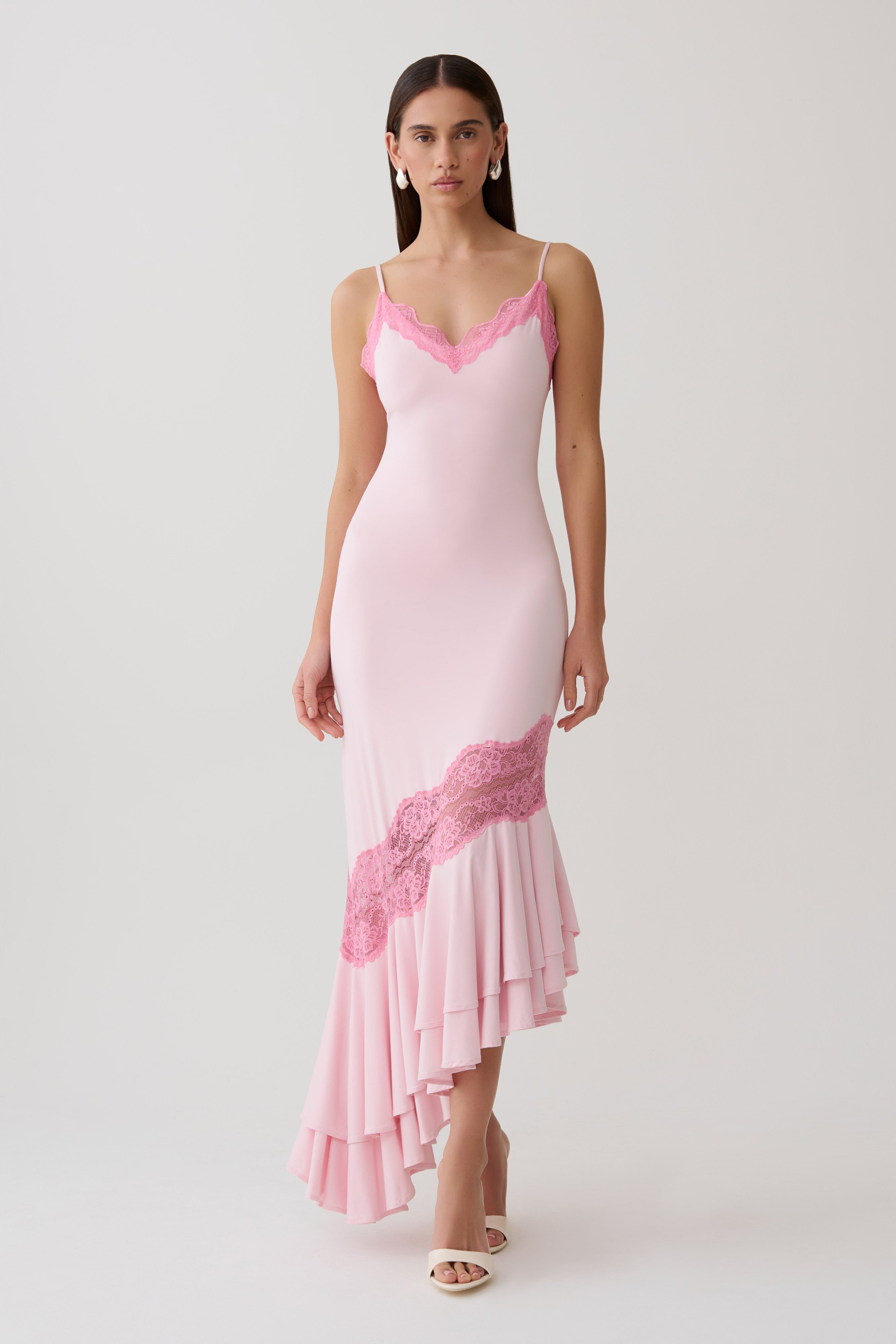Frilled Hem Lace Midi Dress - Pink