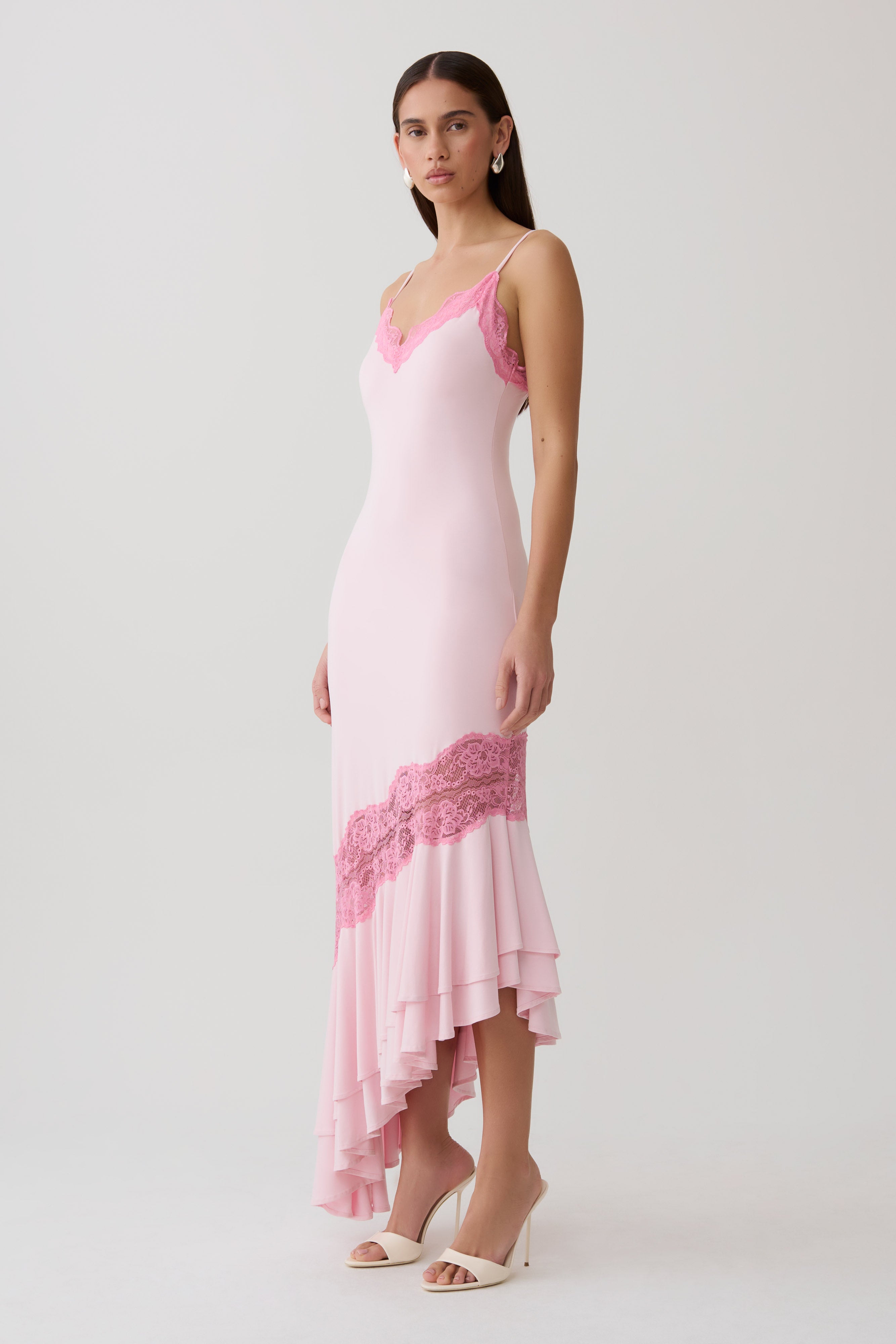 Frilled Hem Lace Midi Dress - Pink