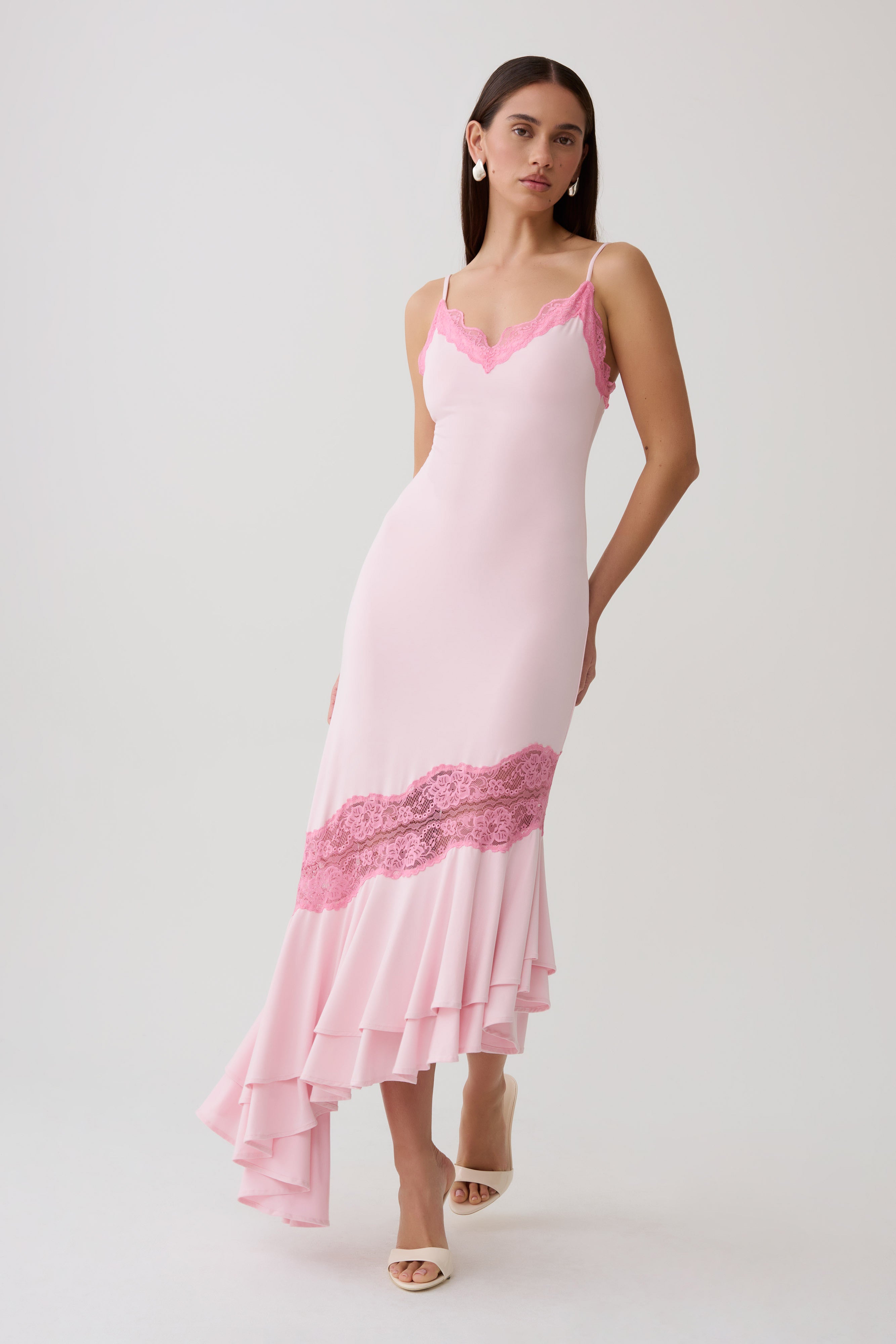 Frilled Hem Lace Midi Dress - Pink