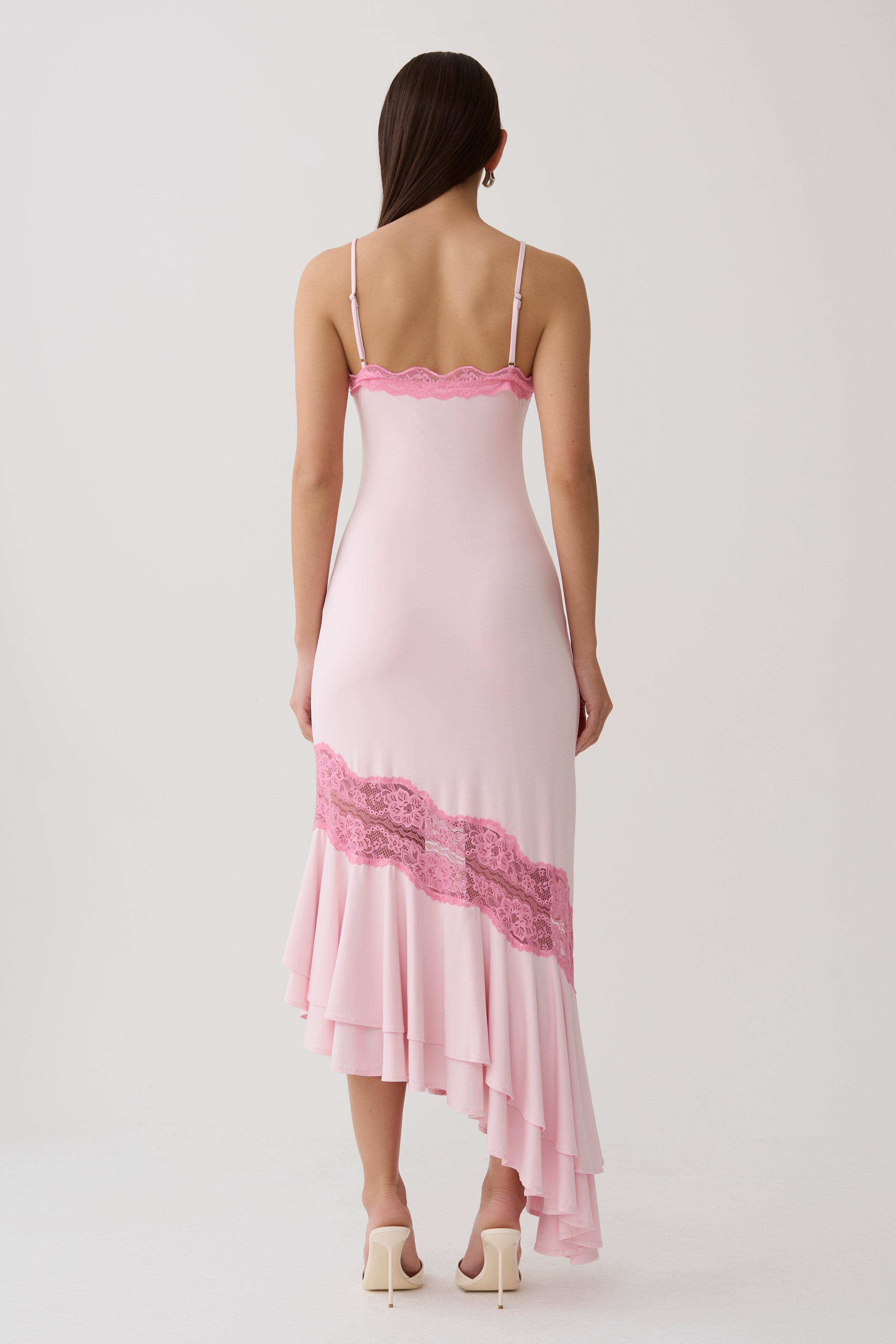 Frilled Hem Lace Midi Dress - Pink