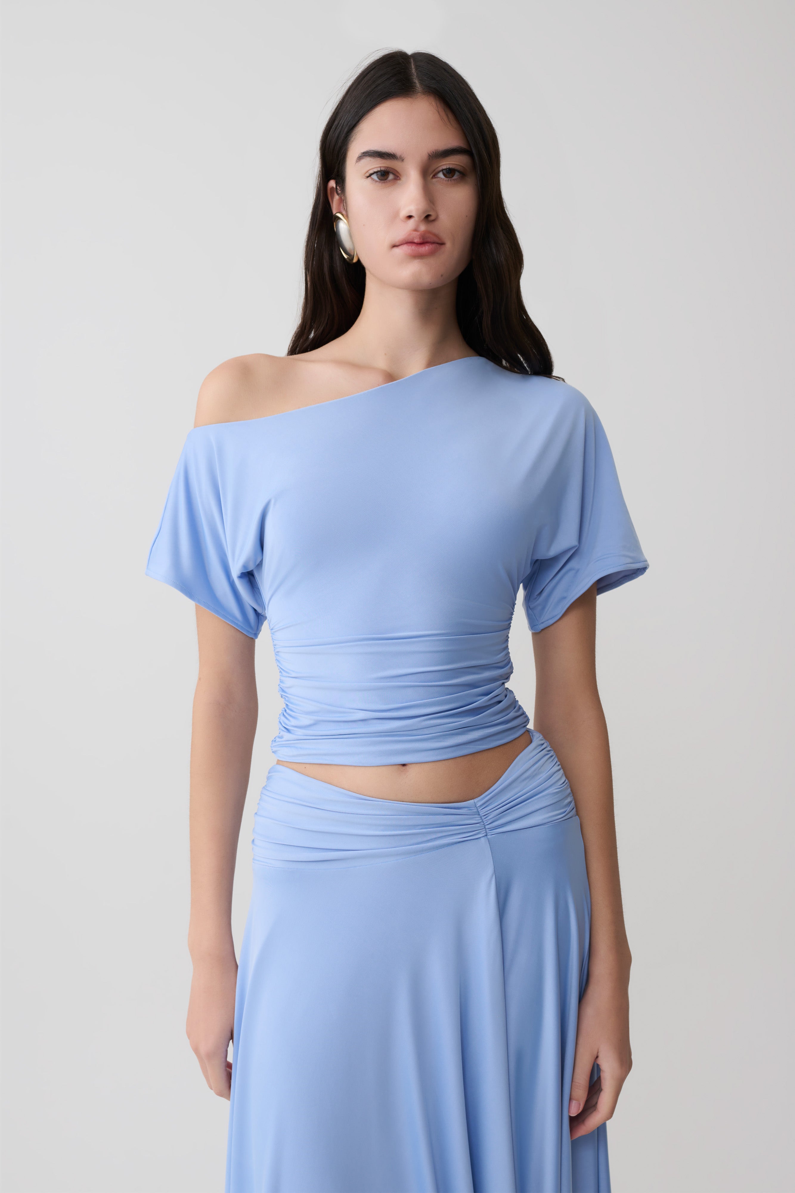 Off Shoulder Slinky Top - Sea Blue