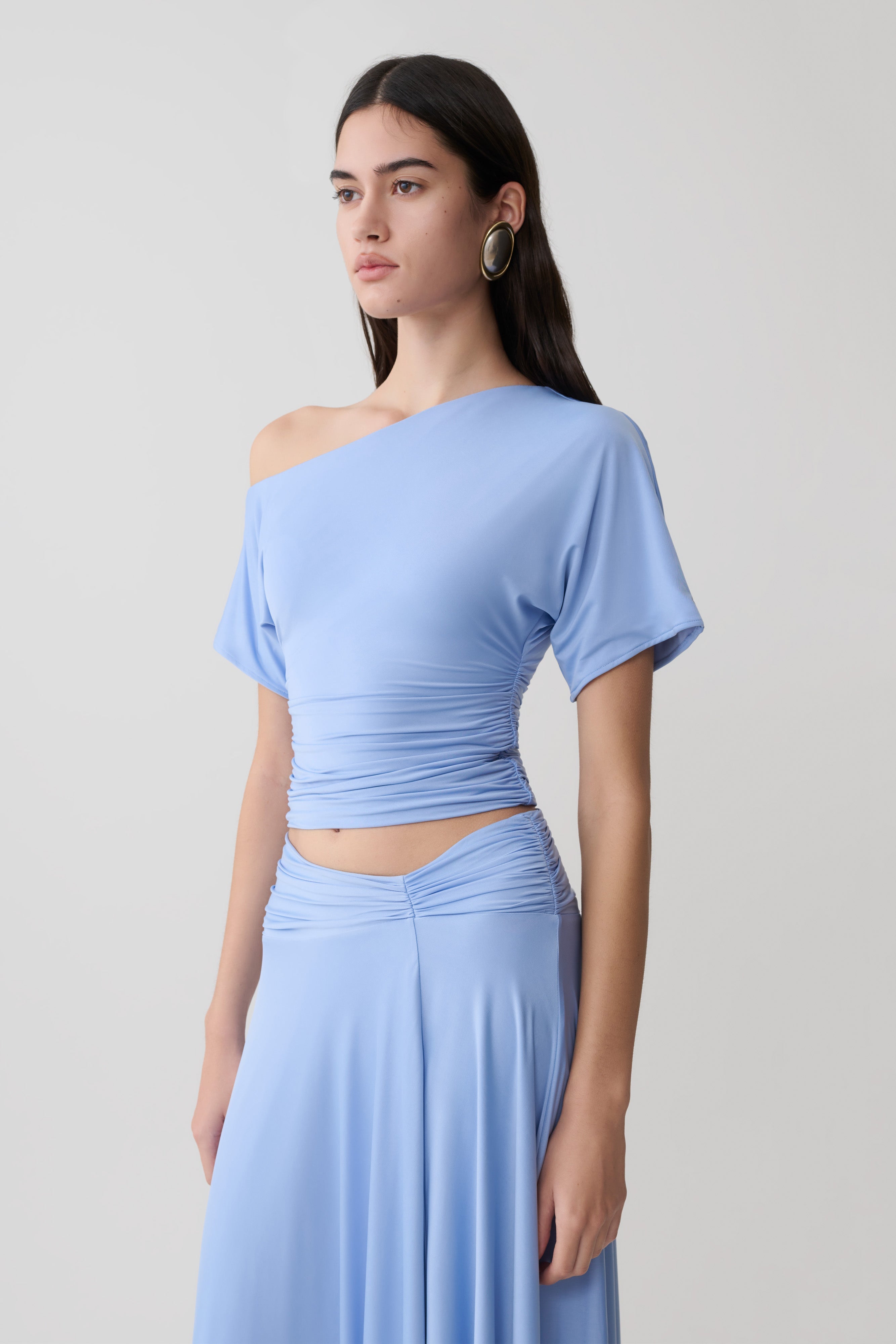 Off Shoulder Slinky Top - Sea Blue