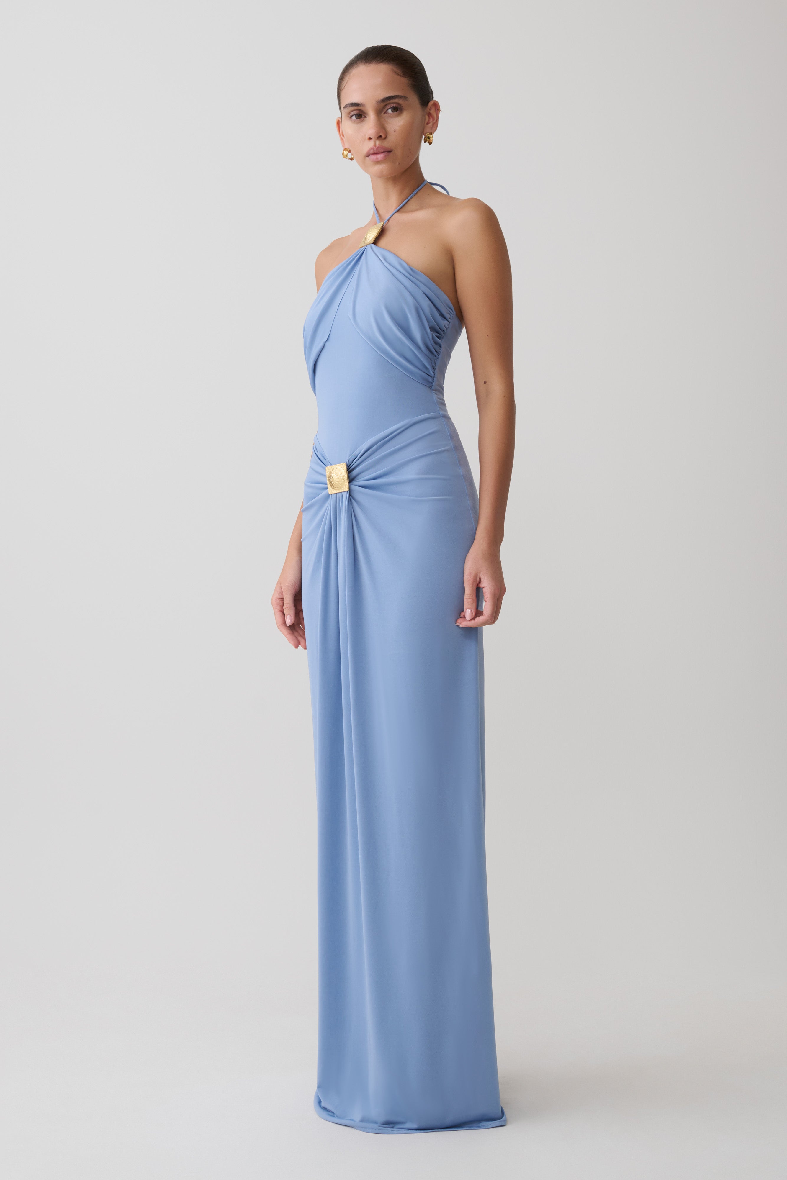 Halter Maxi Dress With Hardware - Cornflower Blue